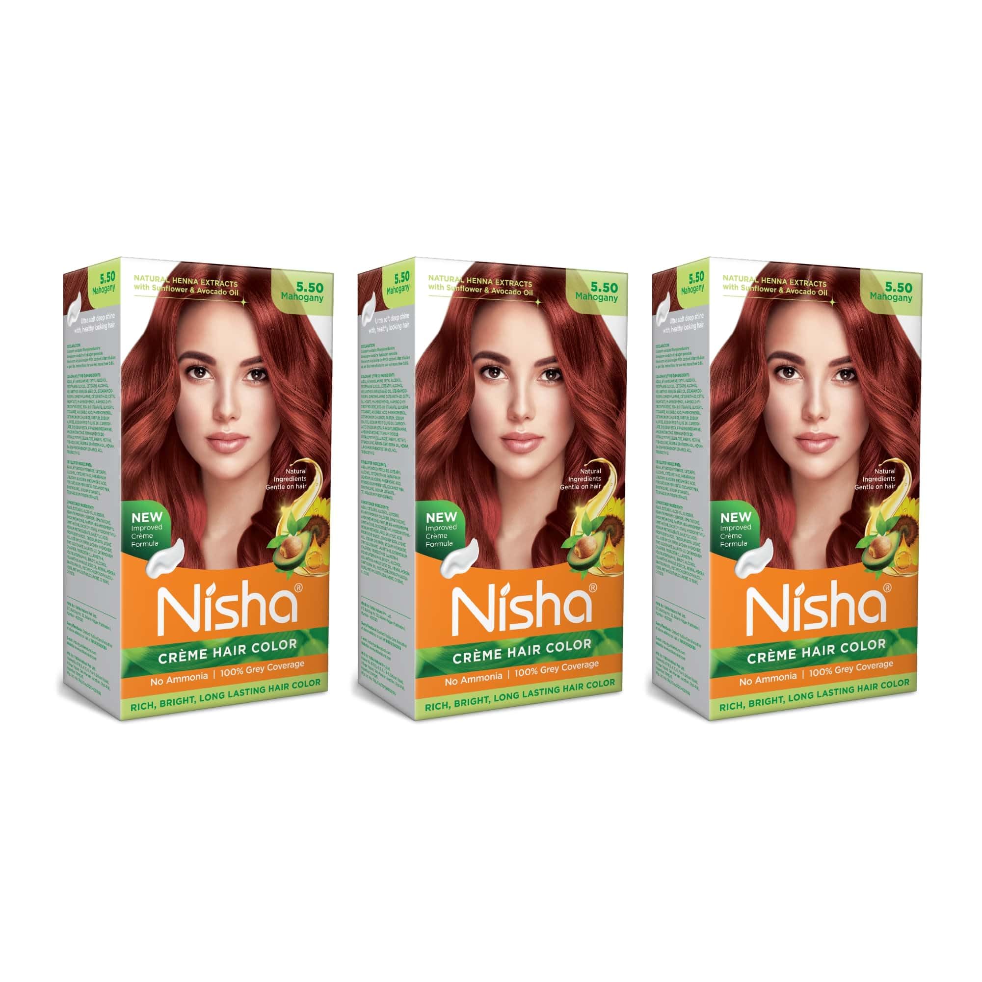Nisha Creme Hair Color Mahogany 5.50 - Permanent Ammonia-Free Hair Dye for Women & Men | Ultra Soft Deep Shine Formula with 100% Gray Coverage | 120g Pack of 3 | Perfect for At-Home Salon Quality Coloring & Touch-Ups