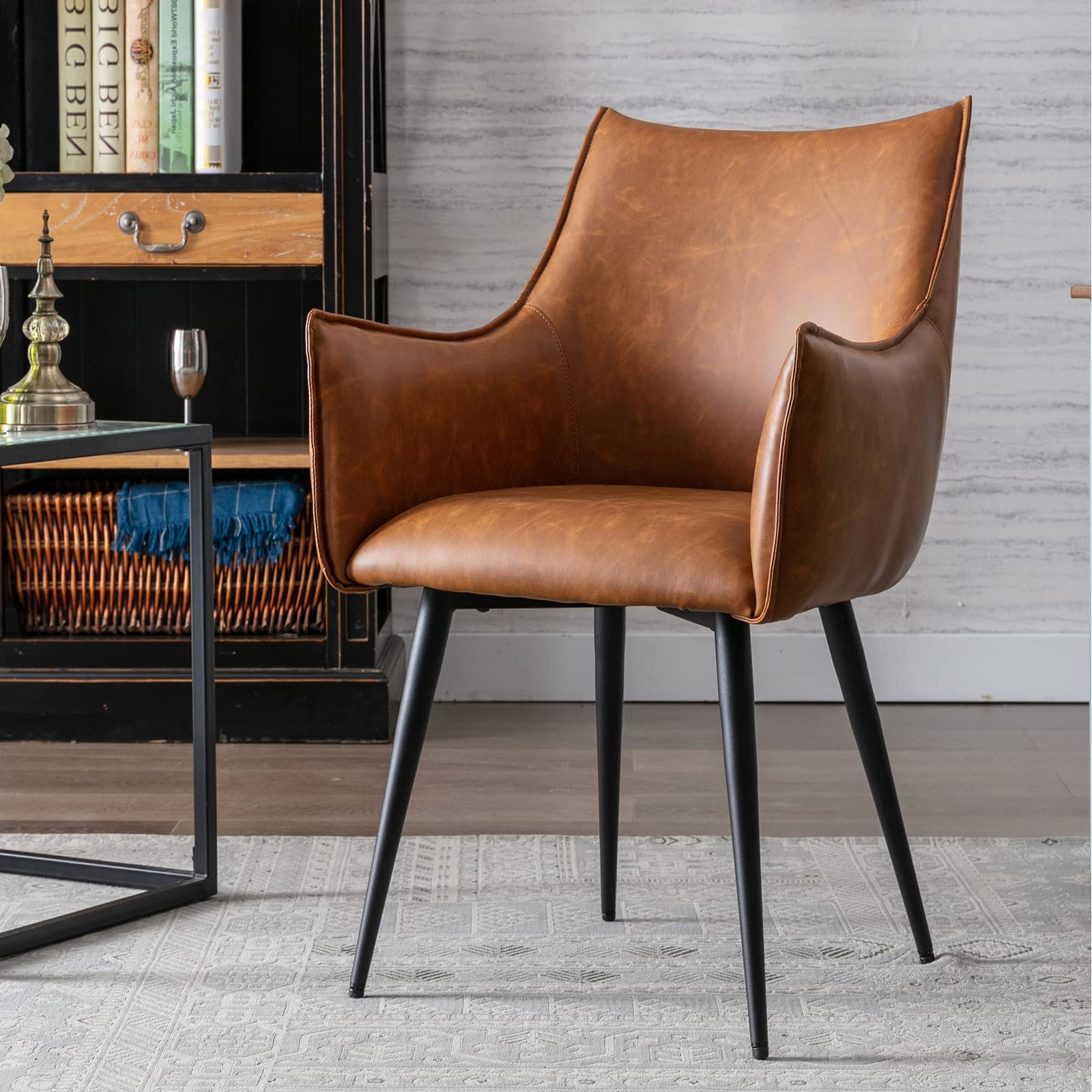 ZSARTS Brown Leather Accent Chair - Modern Upholstered Armchair with Metal Legs for Living Room, Dining Room, Bedroom & Office - Comfortable Side Chair for Small Spaces & Corners - Perfect for Relaxing, Reading & Home Decor