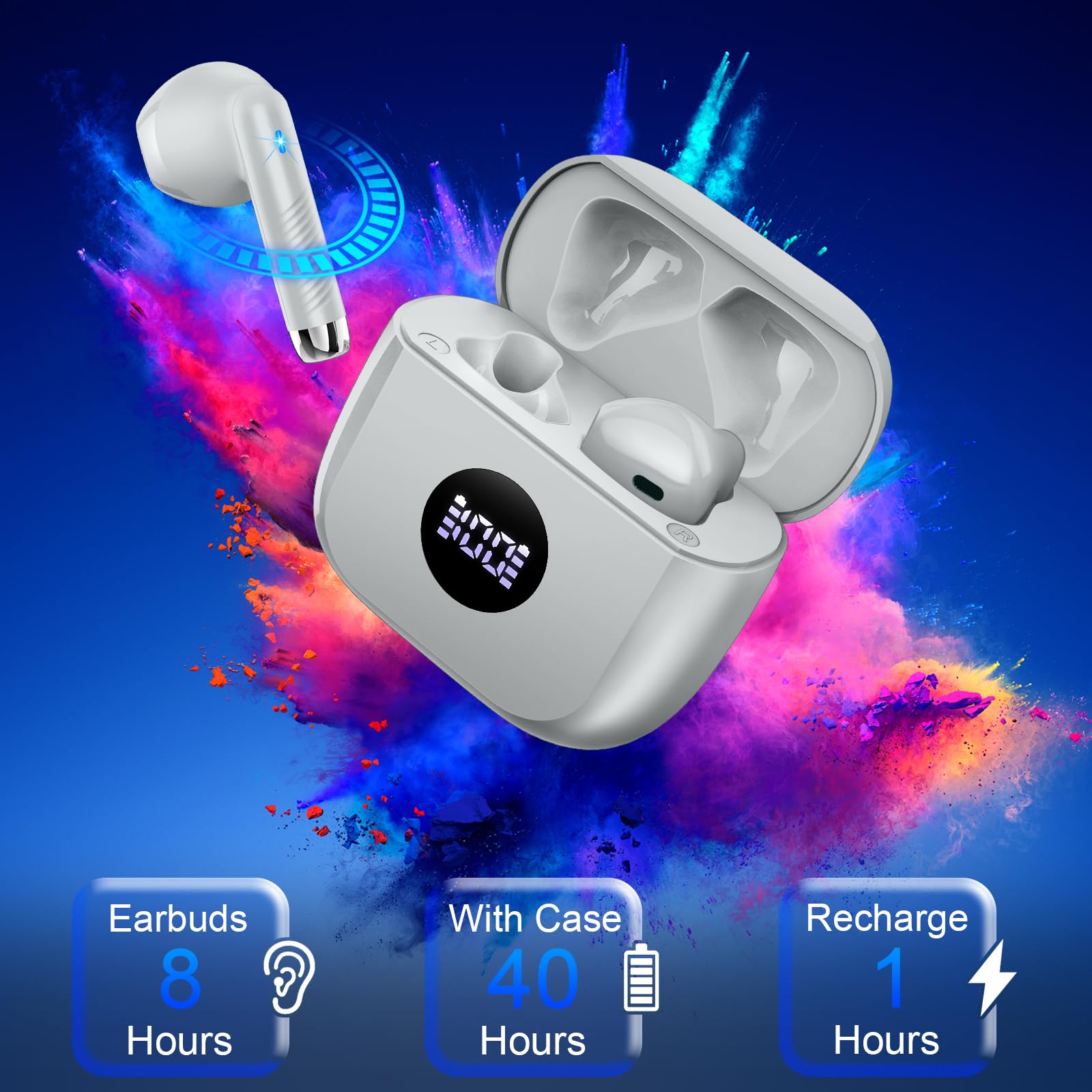 Wireless Bluetooth 5.4 Earbuds with 4 ENC Noise Cancelling Mic, 40H Playtime HiFi Stereo Deep Bass, IP7 Waterproof USB-C Fast Charge - Light Grey | Perfect for Gym, Running, Travel & Work Calls