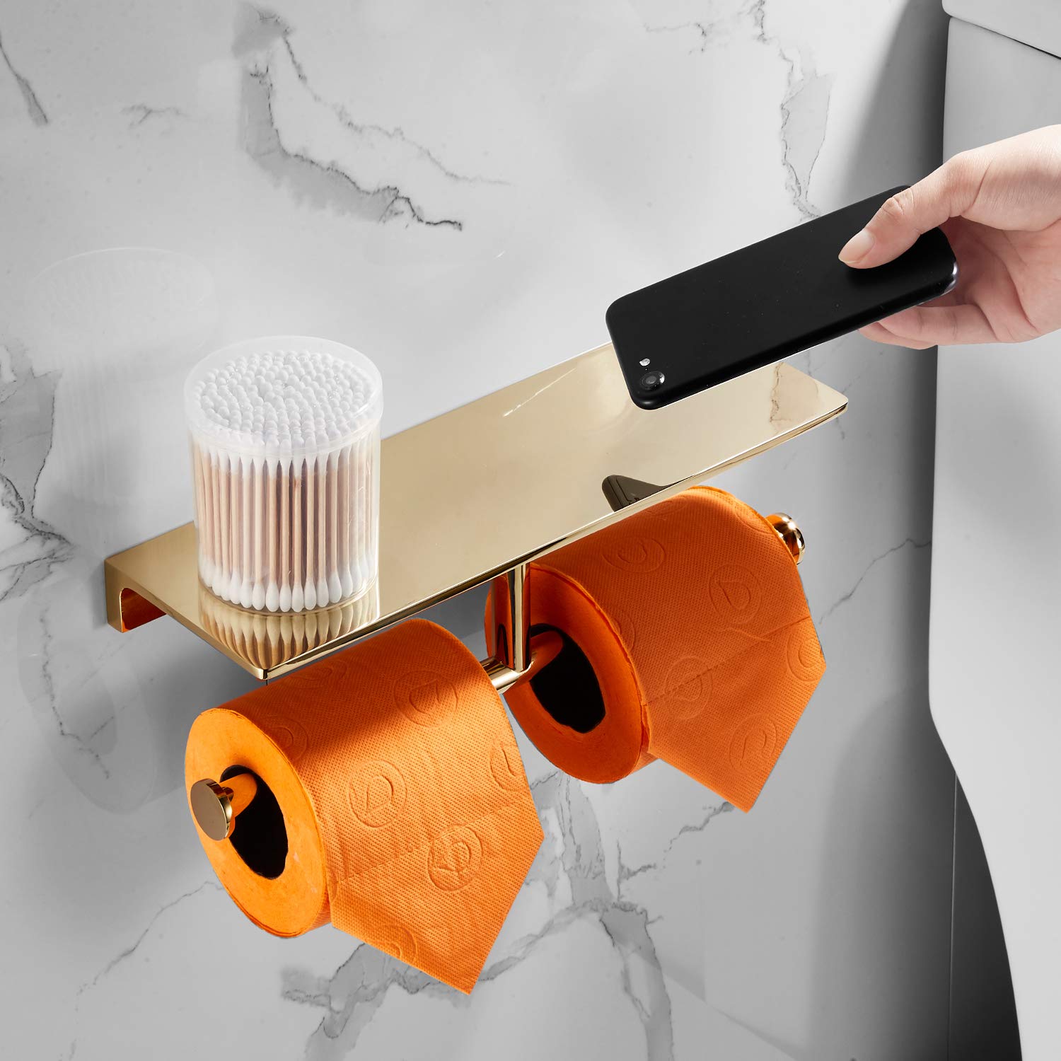Double Roll Toilet Paper Holder with Shelf - Solid Brass Hotel Style Tissue Dispenser with Storage - Polished Gold Finish for Bathroom & Luxury Restrooms