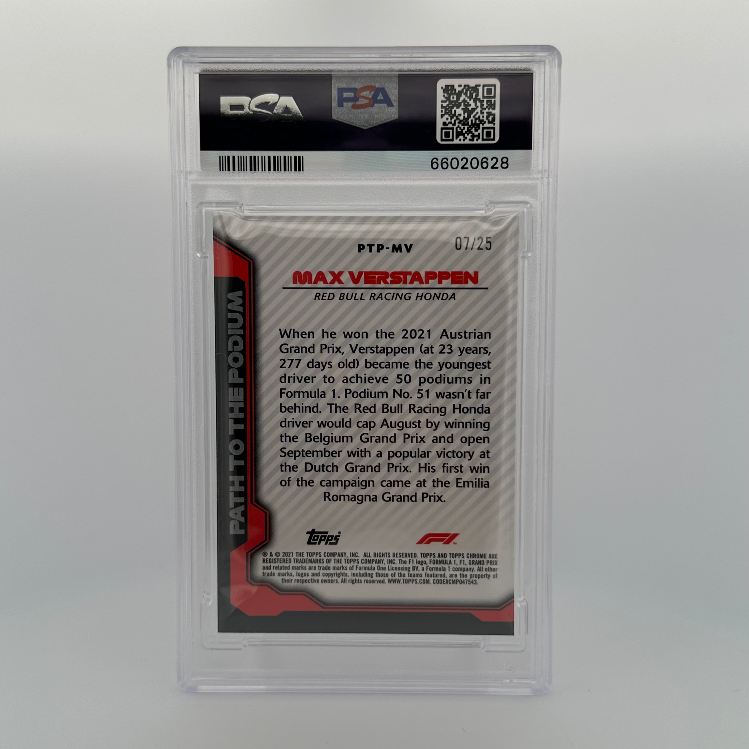 PSA 9 Graded 07/25 MAX VERSTAPPEN #PTPMV PATH TO THE PODIUM ORANGE REFRACTOR Trading Card - Perfect for F1 Collectors, Racing Fans, and Sports Memorabilia Enthusiasts