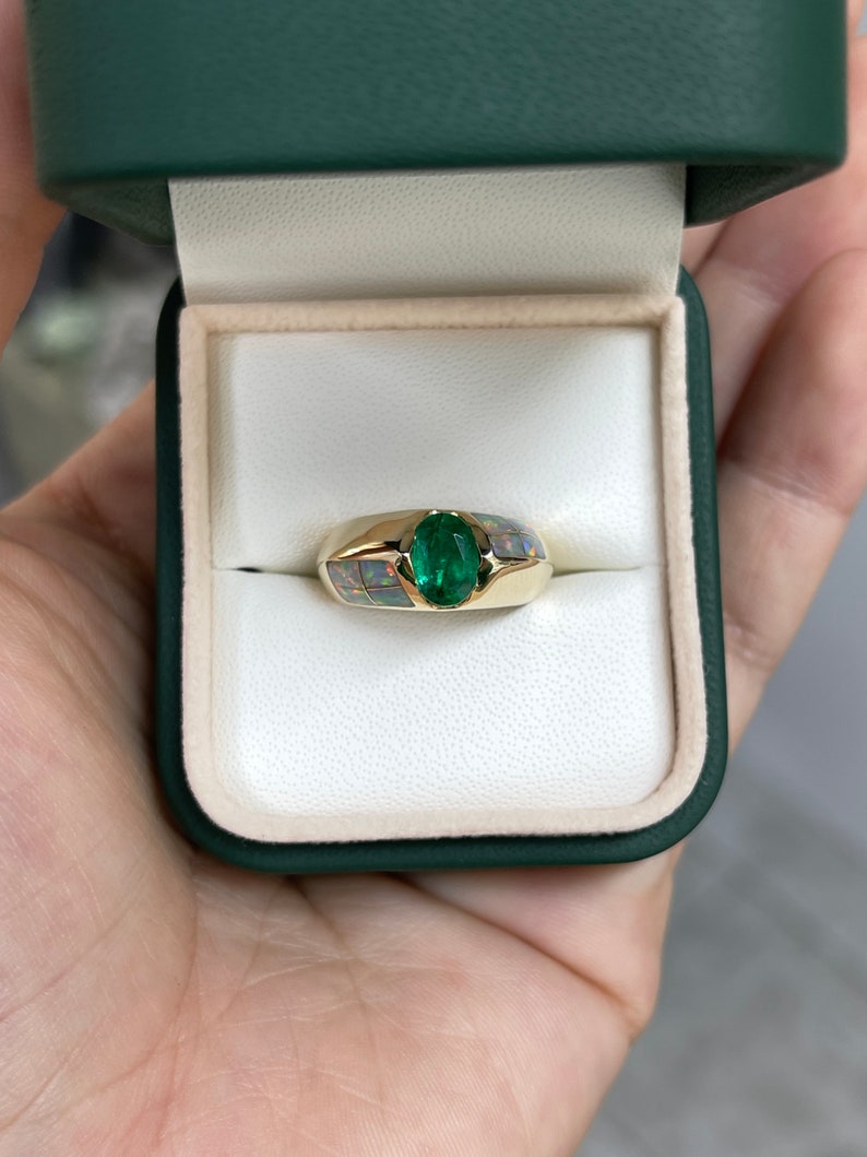 1.05ct 14K Gold Natural Green Oval Emerald & Opal Accent Statement Men's Ring for Wedding, Engagement & Special Occasions - Luxury Jewelry Gift for Him