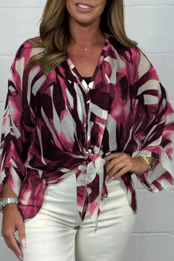 Unique Printed Long Sleeve V-Neck Chiffon Blouse - Elegant Loose Fit Tops for Women | Perfect for Office Wear, Casual Outings & Special Occasions