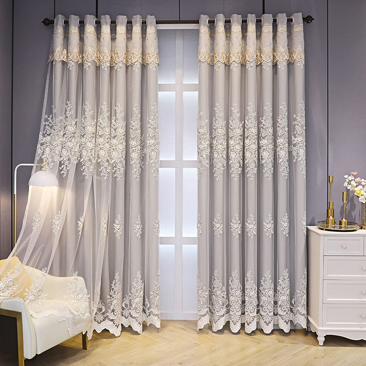 Double Layer Blackout Curtains with Lace Embroidery - Thermal Insulated Tulle Overlay Grommet Drapes for Living Room & Bedroom - Energy Saving, Soft & Breathable Blackout Curtain Panel (1 Panel) - Perfect for Nursery, Home Theater & Light Control
