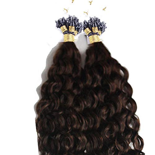 100% Human Hair Extensions - Deep Curly Micro Loop Ring Hair, 100 Strands, Brazilian Hair, Machine Made, Natural Brown Color (18 Inch, Jet Black) for Styling, Volume & Length - Perfect for Parties, Weddings & Everyday Wear
