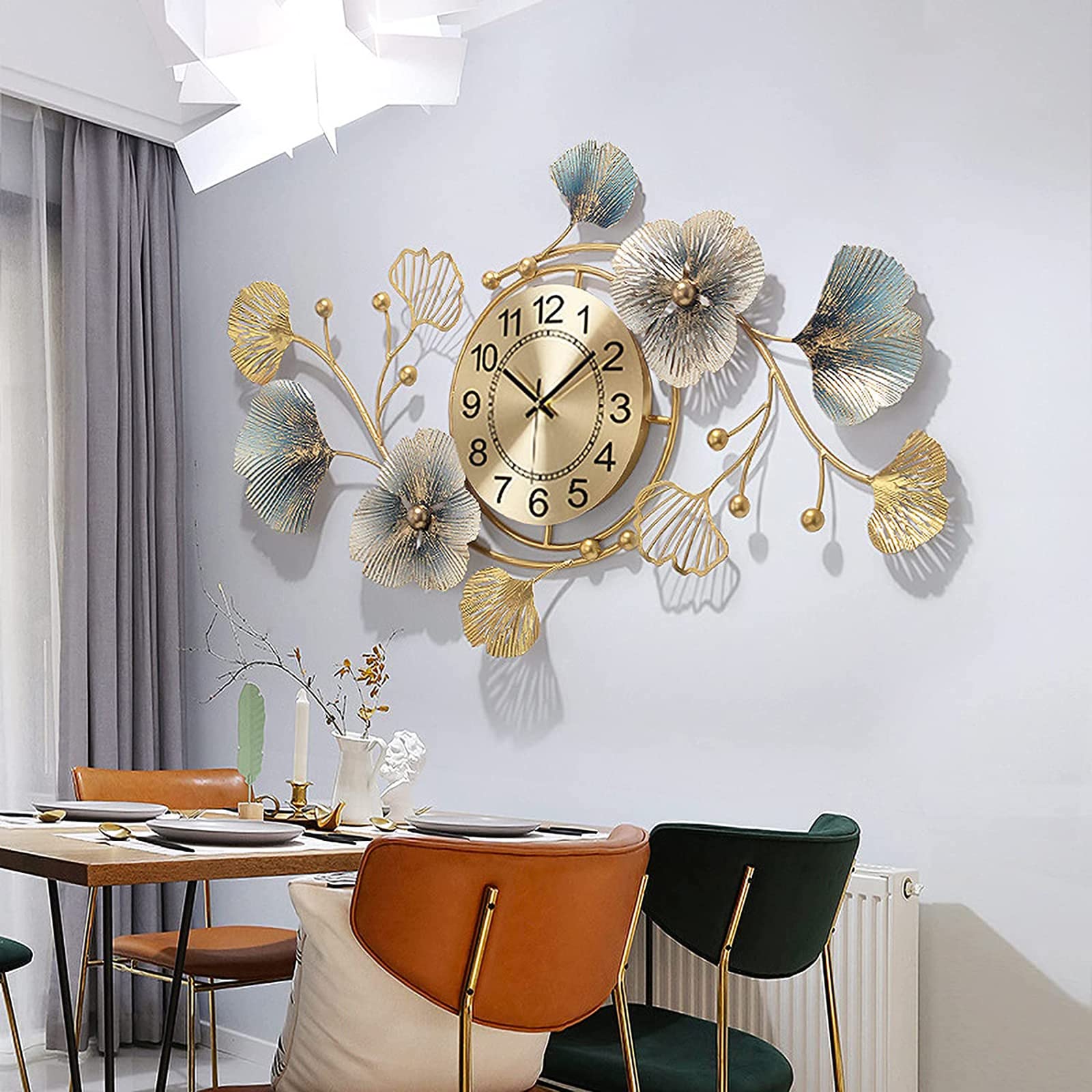 3D Modern Wall Clock - Ginkgo Biloba Leaf Design Large Metal Wall Clock for Living Room, Bedroom, Kitchen Decor (37 Inch) - Perfect Home Office & Farmhouse Decor Gift
