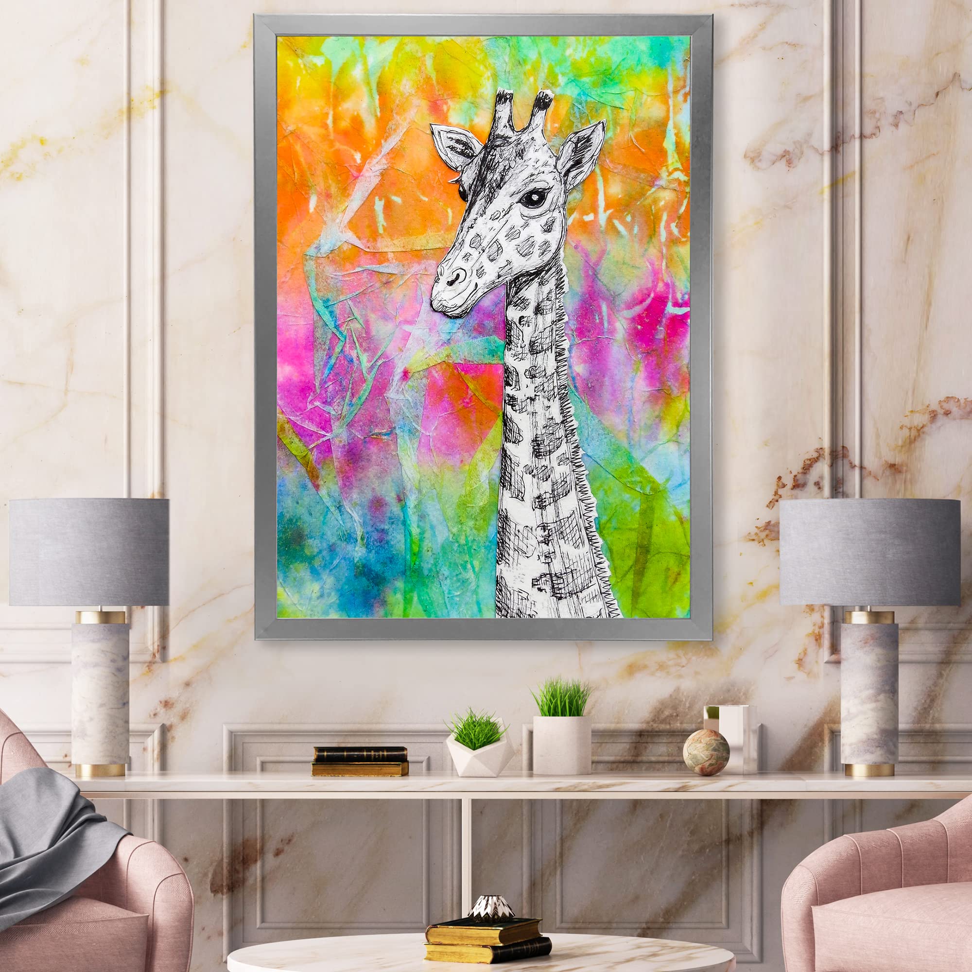 DesignQ White Giraffe Drawing on Rainbow - Kids Room Wall Art Decor, Framed Nursery Painting for Baby & Children's Bedroom - Perfect for Playrooms, Daycares & Preschool Classrooms