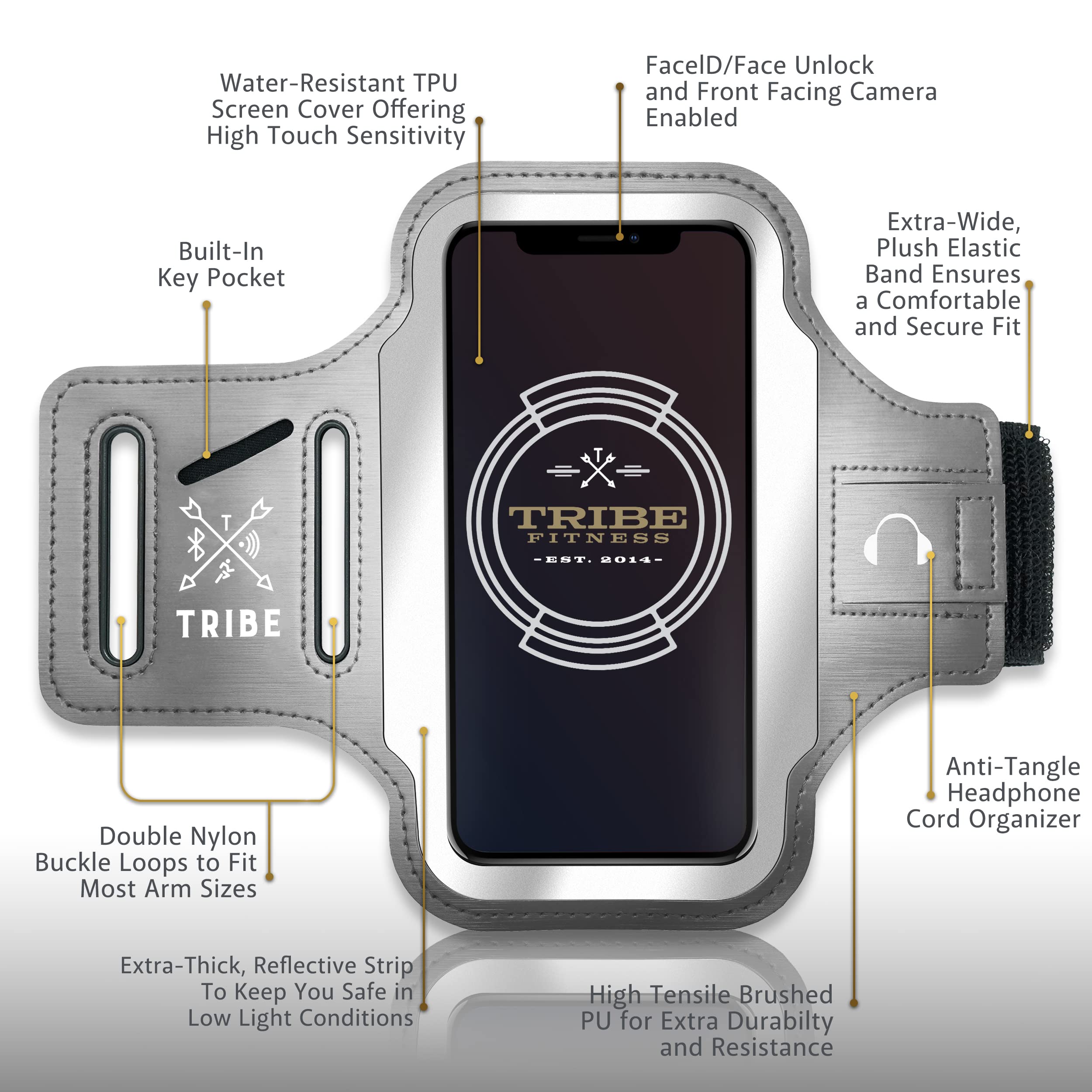 TRIBE Running Phone Holder Armband for iPhone & Galaxy - Adjustable Sports Armband for Men & Women - Perfect for Running, Jogging, Walking, Gym Workouts - Fits All Smartphones with CC/Key Pocket - Stay Connected During Outdoor Activities & Fitness Training