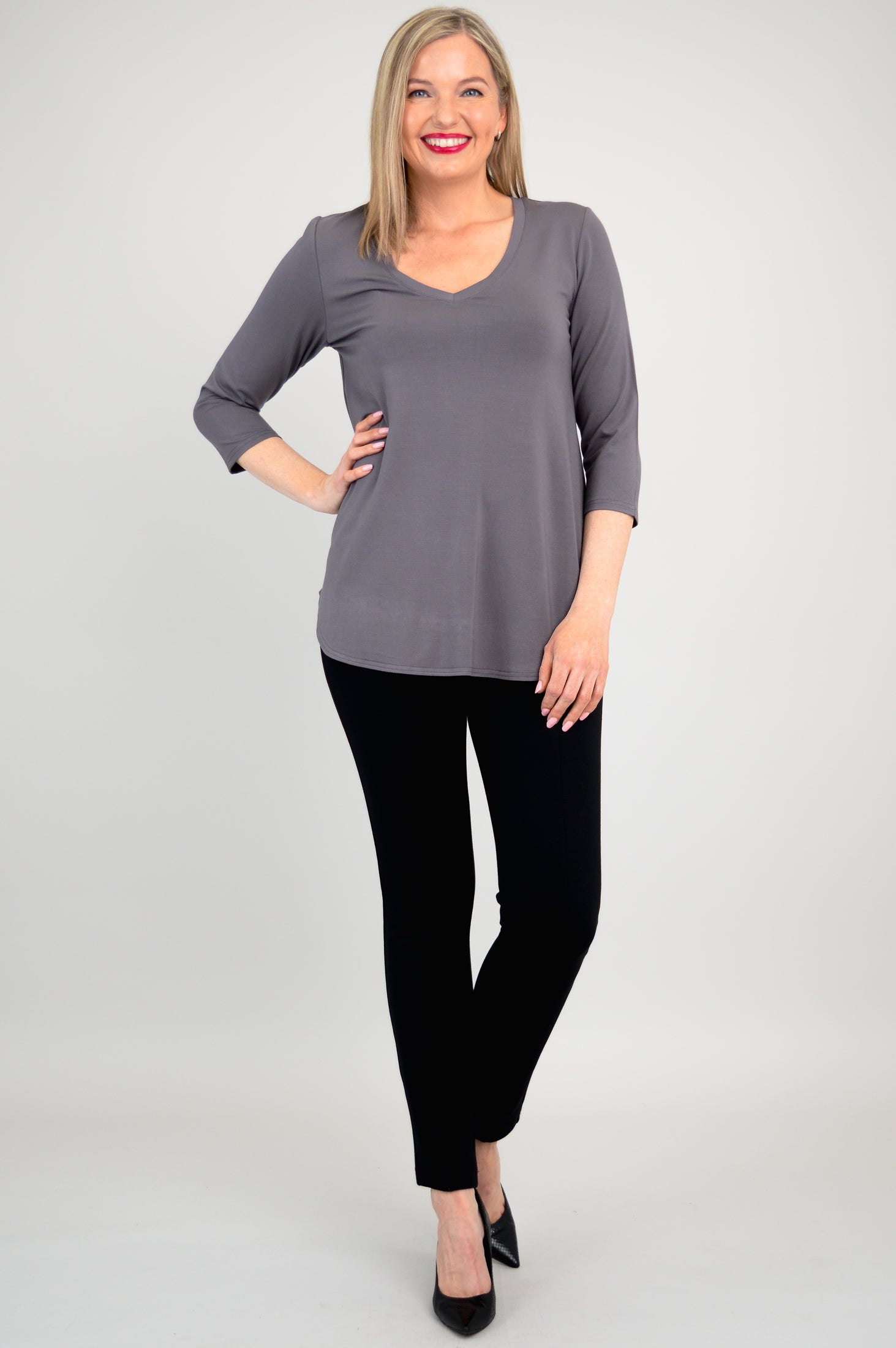 Jackie 3/4 Sleeve Bamboo Top for Women - Soft & Breathable Charcoal Grey Shirt - Perfect for Yoga, Workout & Casual Wear