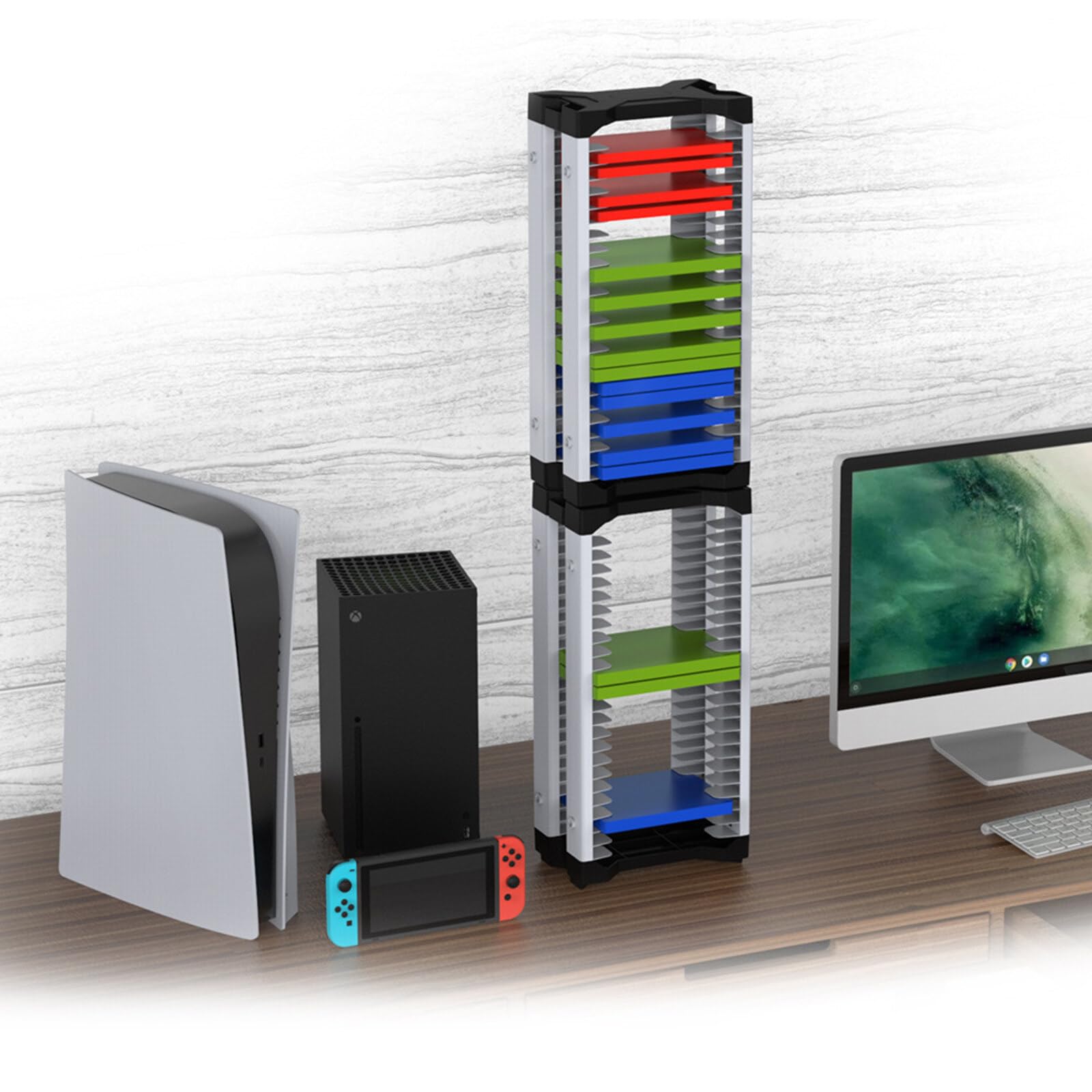 iFCOW PS5 Game Storage Tower - Organizer Stand with 2 Hooks Holds 23 Game Discs - Perfect for PS5 Console Accessories & Living Room Organization