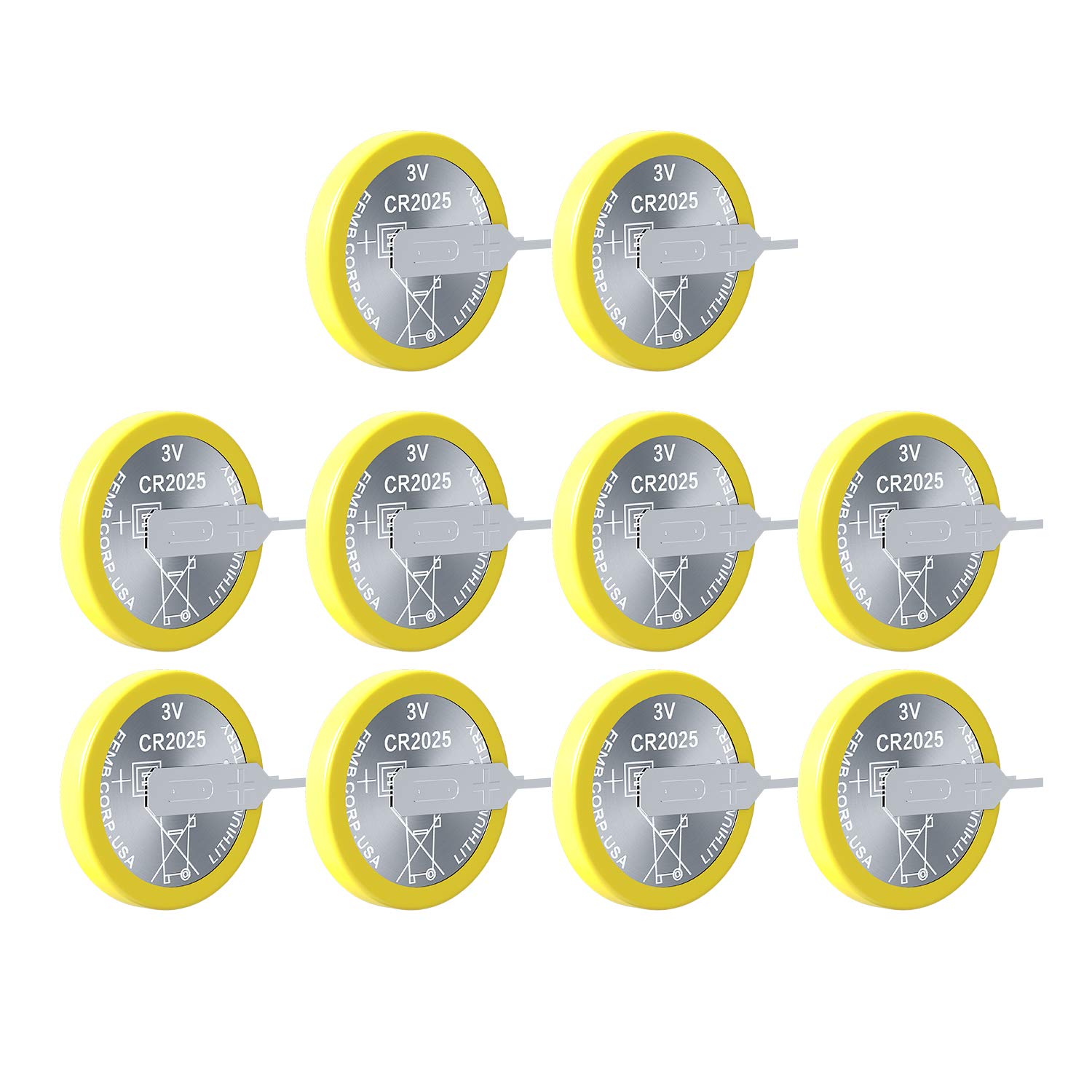 EEMB 10-Pack CR2025 3V Lithium Coin Batteries with Solder Tabs - UL Certified Replacement Battery for Watches, Key Fobs, Calculators & Small Electronics