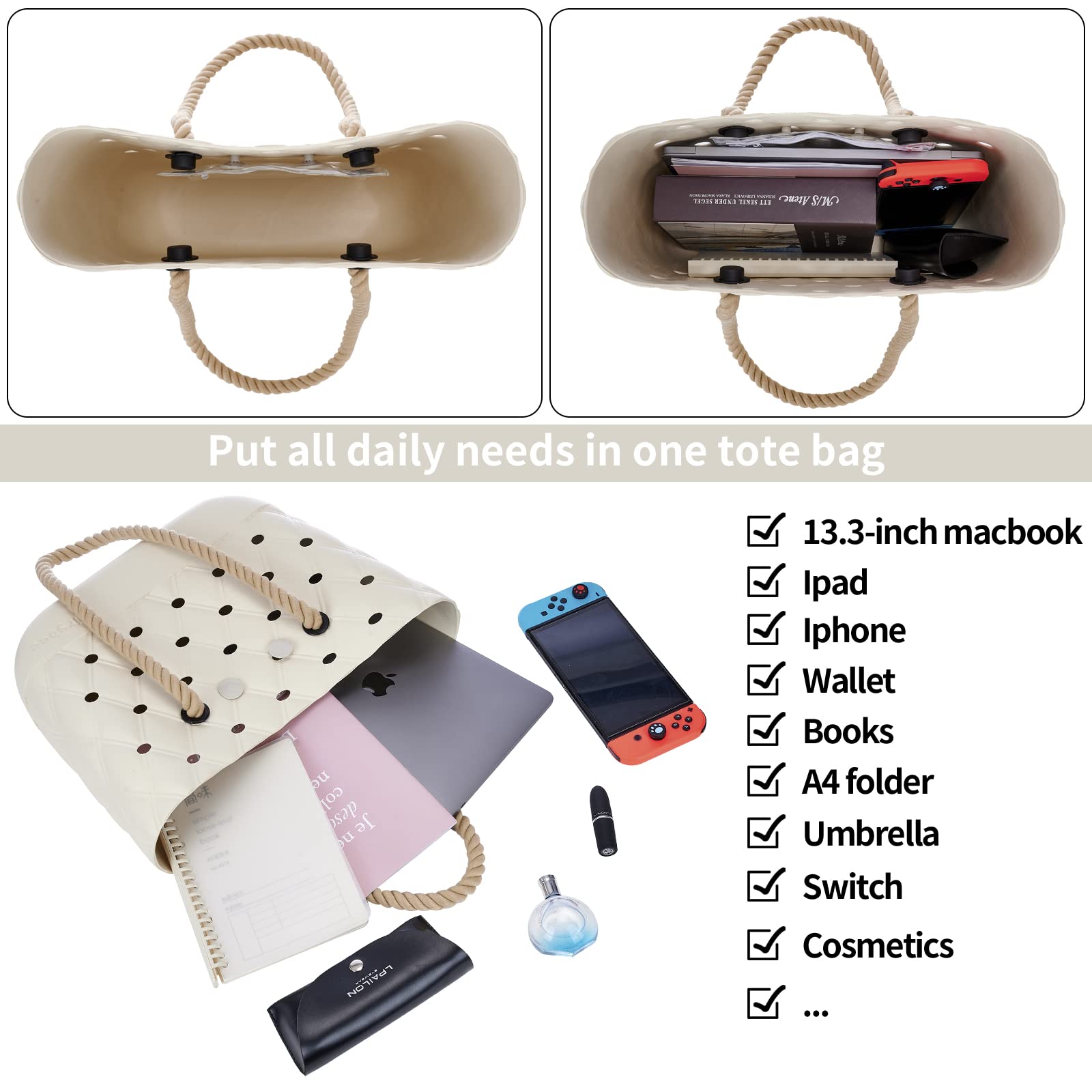Waterproof Beach Tote Bag - Durable EVA Open Handbag for Swimming, Pool, Gym & Travel - Lightweight Washable Sports Bag with Drain Holes | Perfect for Beach Days, Boat Trips & Workout Sessions