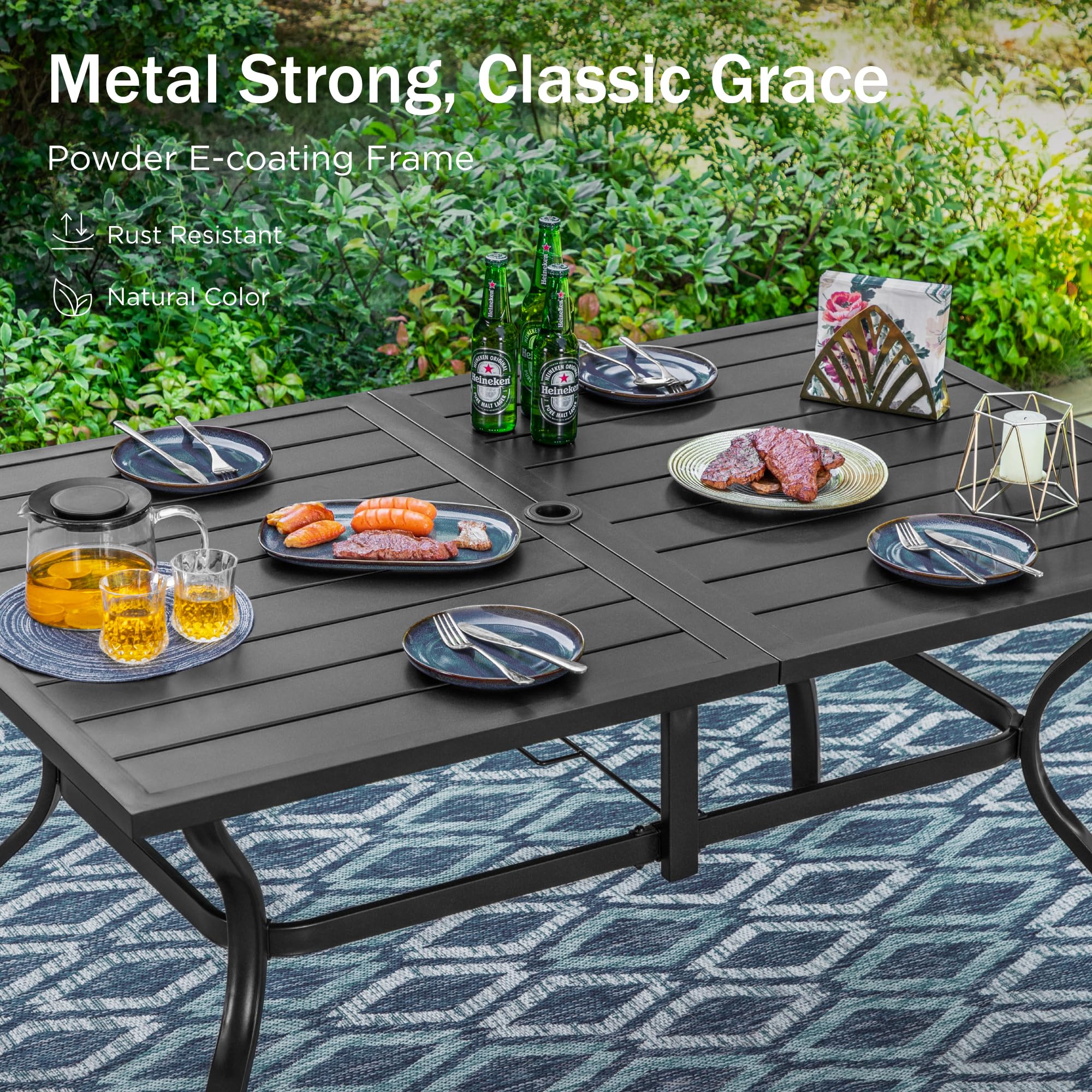 PHI VILLA 60 Inch Outdoor Patio Dining Table - Large Rectangle Table for 6-8 People with Umbrella Hole - Classic Black - Perfect for Backyard, Garden, Poolside & Outdoor Entertaining