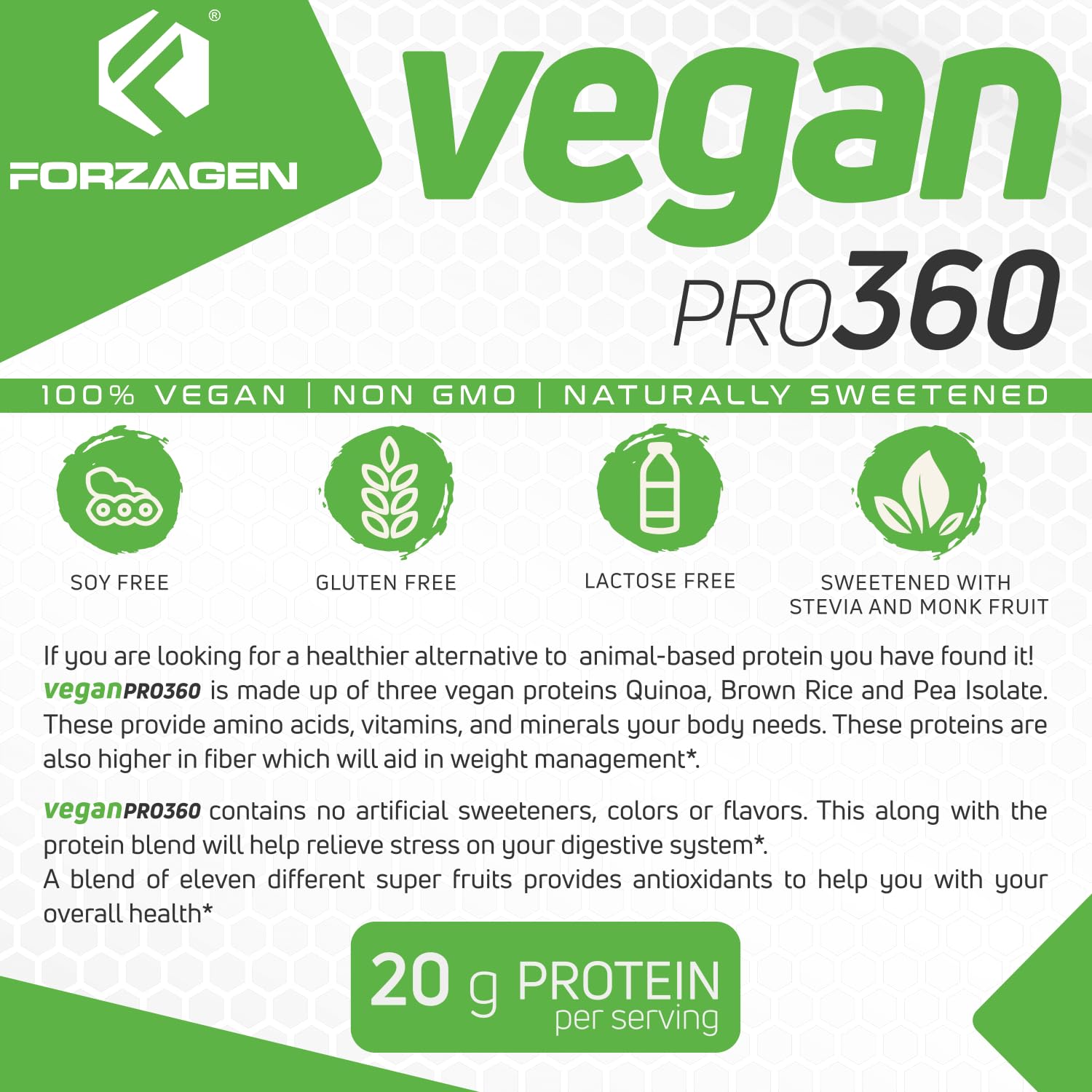 Forzagen Vegan Protein Powder 360 - 2 Lbs (27 Servings) | Plant-Based Protein Blend with Quinoa, Brown Rice & Pea Isolate | Dairy-Free, Soy-Free, Gluten-Free, Non-GMO | Vanilla Milkshake Flavor | Perfect for Post-Workout Recovery & Muscle Building