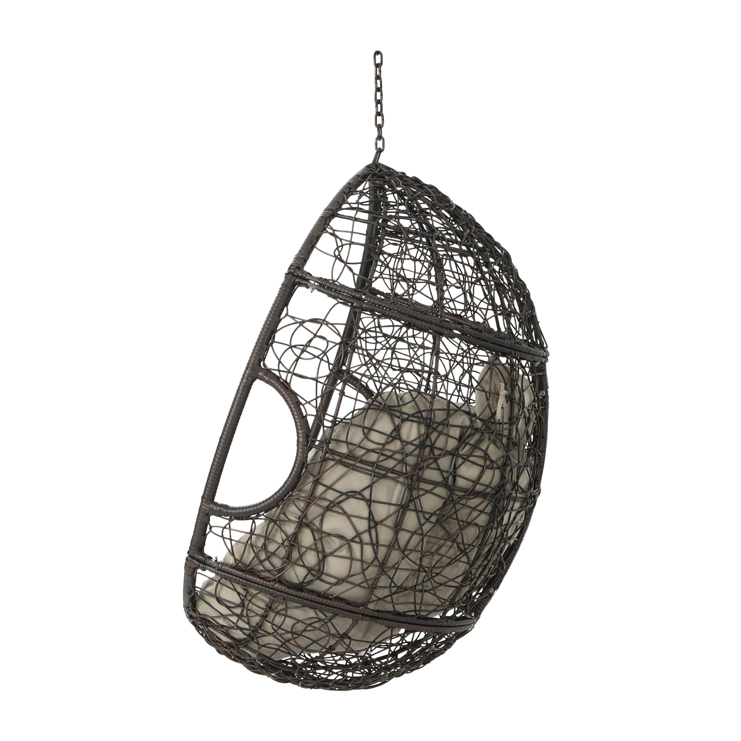 Christopher Knight Home Leander Indoor/Outdoor Hanging Basket Chair - Woven Rattan Swing Seat with Cushion, Multi-Brown & Khaki (Stand Not Included) - Perfect for Patio, Garden, Porch or Balcony Relaxation