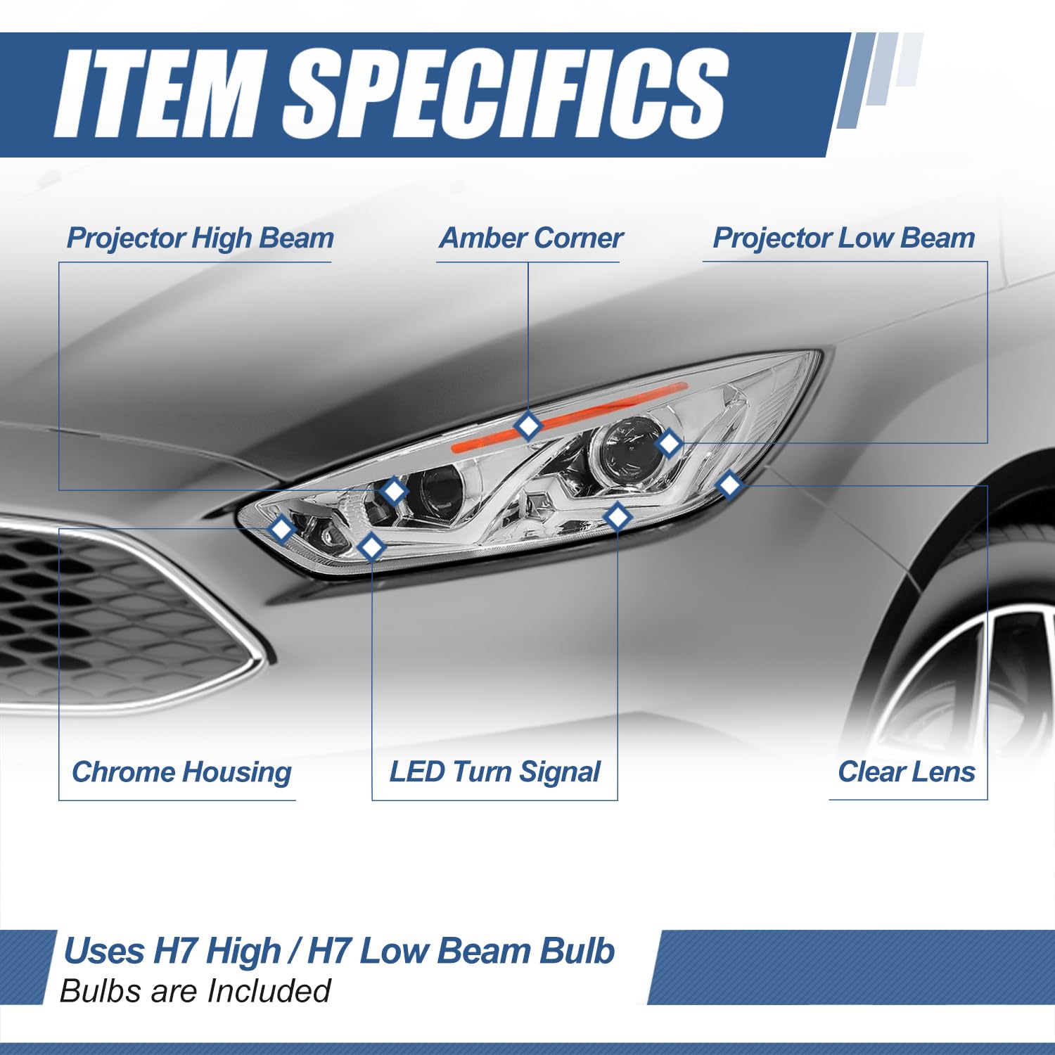 Auto Dynasty LED DRL Headlights Assembly for 2015-2018 Ford Focus - Driver & Passenger Side Replacement with Projector Low Beam & Chrome Housing (Amber Corner) | Perfect for Night Driving & Car Upgrades