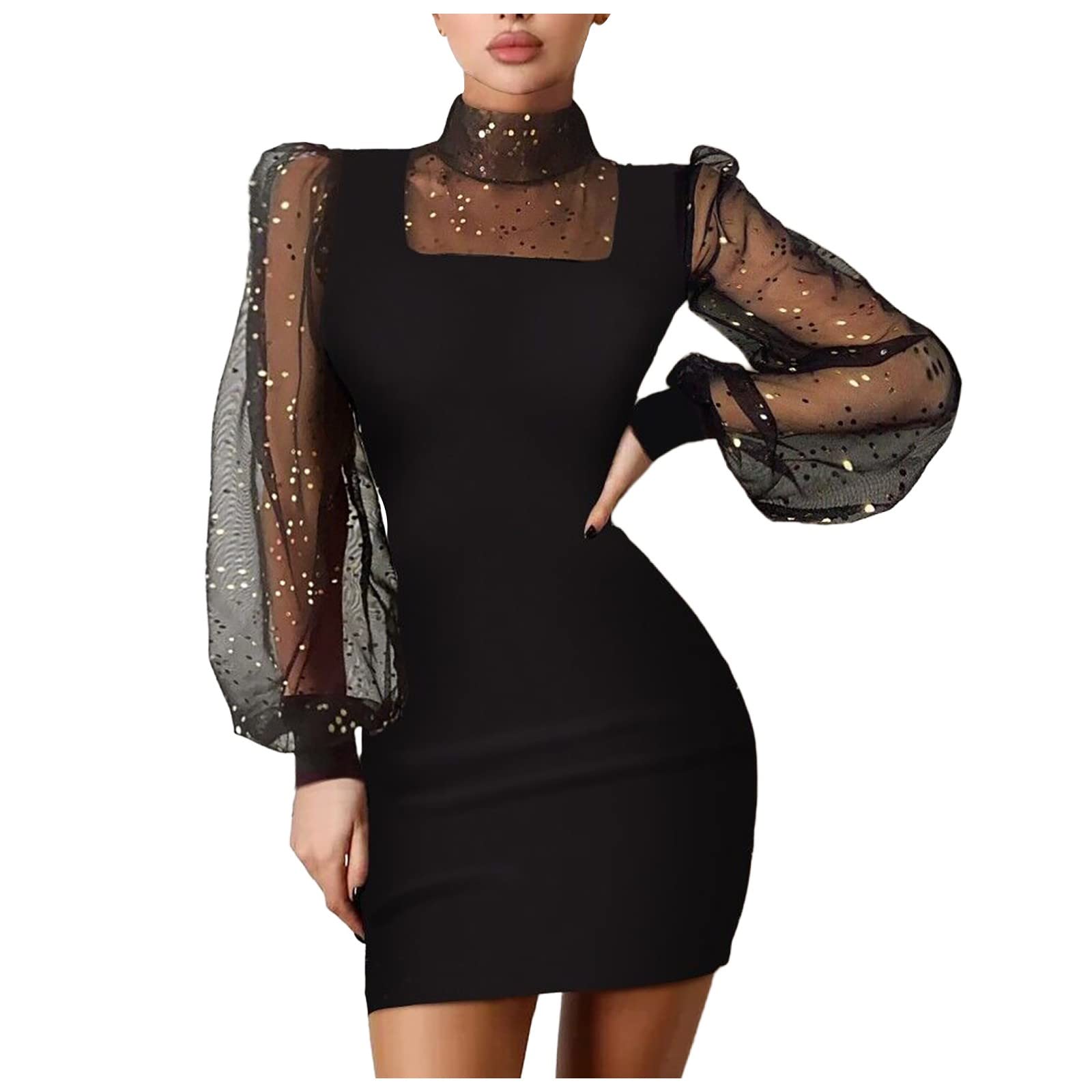 Elegant Black Lace Sequin Wrap Long Sleeve Dress for Women - Perfect for Evening Parties, Weddings & Special Occasions
