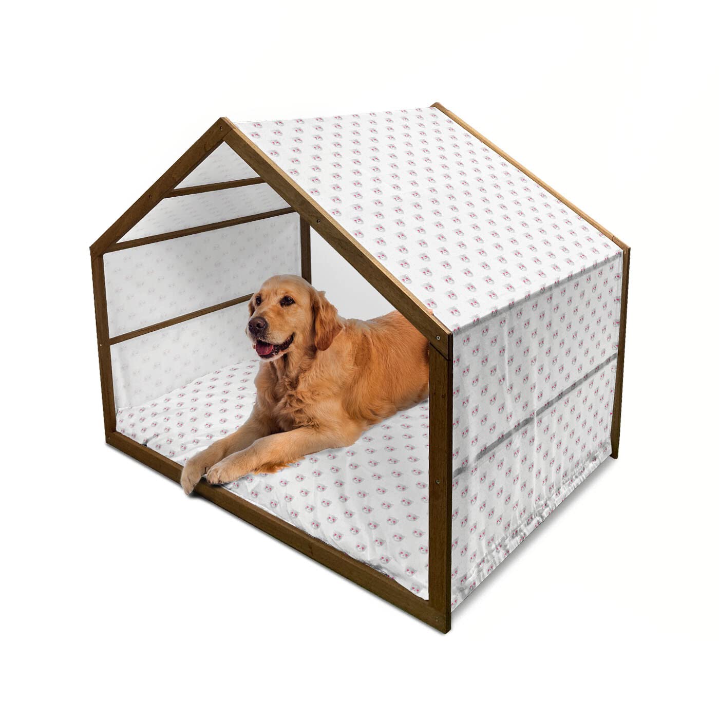 Ambesonne Wooden Dog House for Small to Large Dogs - Portable Indoor & Outdoor Pet Kennel with Pillow & Cover, 2X-Large Size, Pale Grey Pink White - Romantic Heart-Shaped Eyes Design Perfect for Home, Garden, or Travel Use
