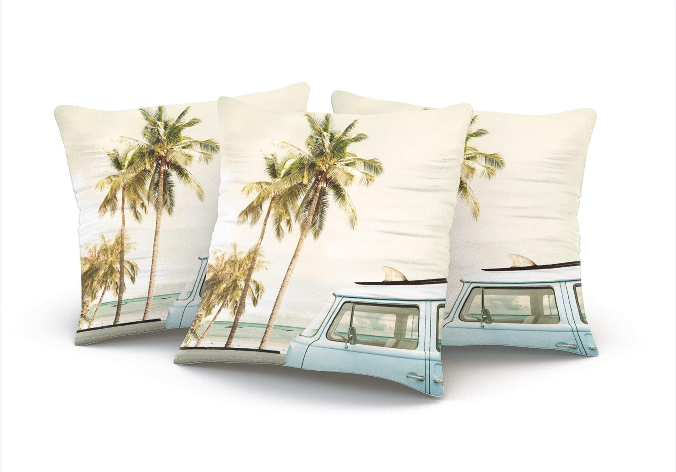 Tropical Beach Surfboard Car Throw Pillow Cover - 18x18 Inch Double-Sided Printed Square Decorative Pillow Case with Hidden Zipper | Perfect for Living Room, Bedroom & Coastal Home Decor
