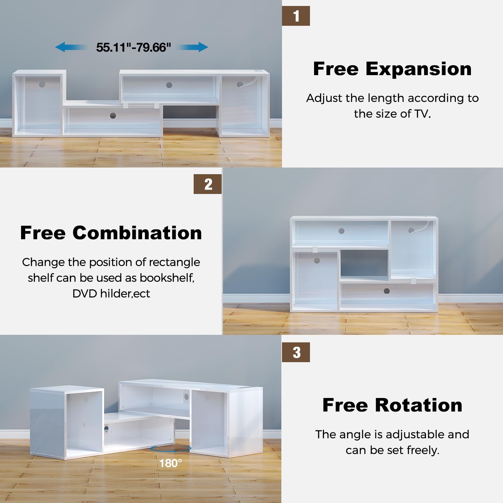 Rolanstar Modern TV Stand with LED Lights & Power Outlets - Adjustable Entertainment Center for 45-70 Inch TVs, 2-Piece Media Console Cabinet (Glossy White) - Perfect for Living Room, Gaming Setup & Home Theater Systems