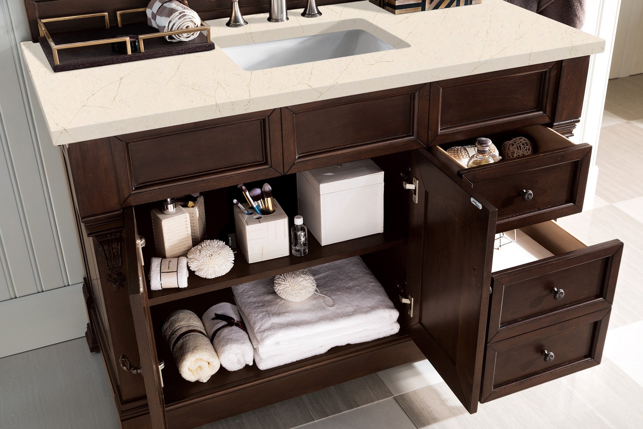 Brookfield 48 Inch Single Bathroom Vanity with Burnished Mahogany Base & 3CM Eternal Marfil Quartz Countertop - Modern Bathroom Storage Solution for Small Spaces
