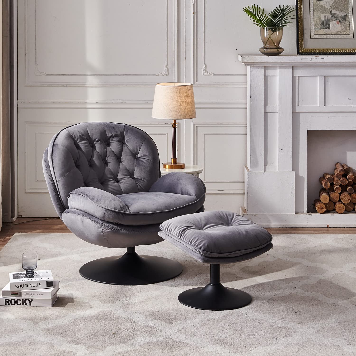 Modern Velvet Swivel Accent Chair with Ottoman Set - Large Metal Base, Gray Lounge Chair for Living Room, Home Office & Club - Comfortable TV Chair for Relaxing & Reading
