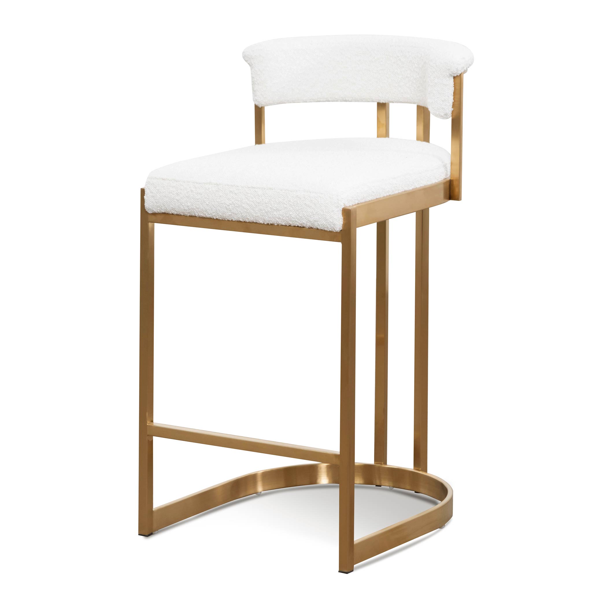 Adela Daisy White Boucle Bar Stool with Brushed Gold Base - Modern Kitchen Island Stool, Dining Counter Chair for Home, Cafe & Restaurant Decor