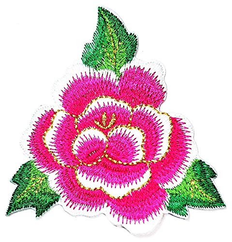ONCEX Peony Rose Pink Flowers Cartoon Embroidered Iron On Patch - DIY Sew On Applique for Clothes, Jeans, T-Shirts, Hats & Backpacks - Fashion Accessory & Craft Supplies for Customizing Outfits and Bags
