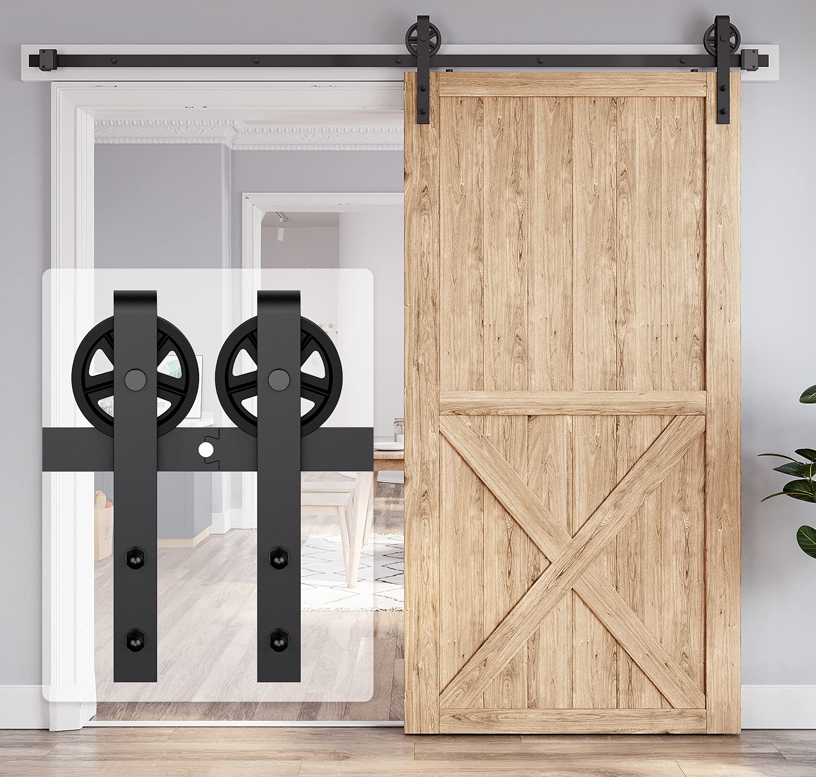 8FT Heavy Duty Sliding Barn Door Hardware Kit - Industrial Big Wheel J Hangers for Wood Single Doors (Fits 1 3/8