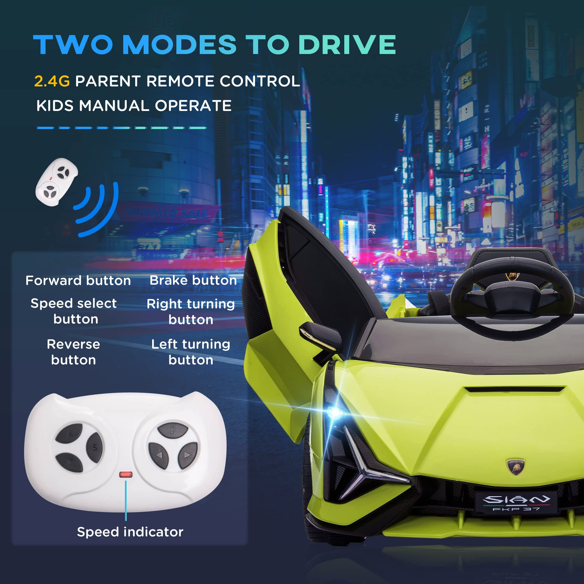 Lamborghini SIAN Licensed 12V Kids Electric Ride-On Car with Remote Control - Battery Powered Toy Vehicle with Horn, Music & LED Headlights - Perfect for Birthday Gifts & Outdoor Play (Green)