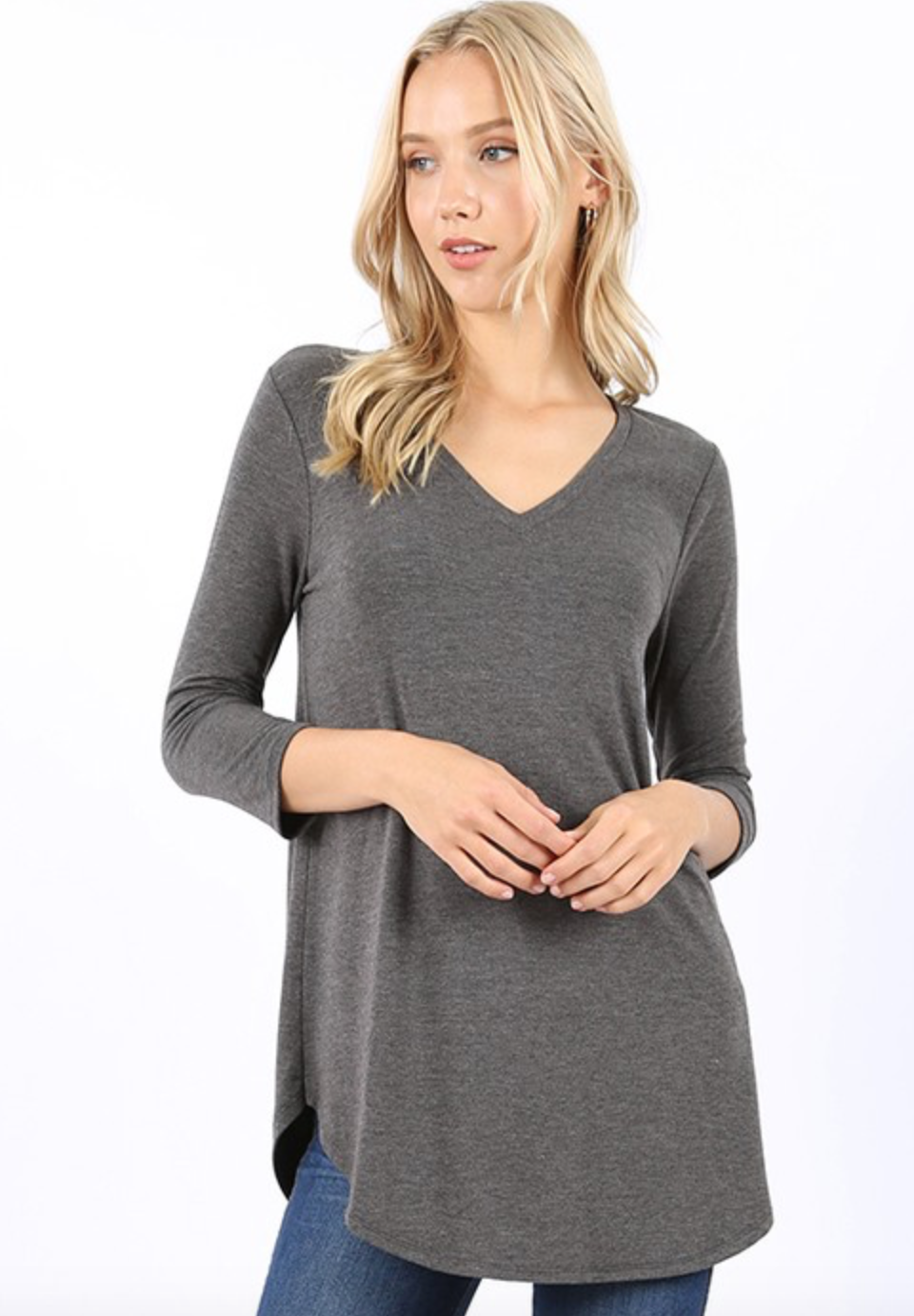 Plus Size 3/4 Sleeve V Neck Scoop Front & Back Flowy Blouse - Comfortable Women's Tops for Work, Casual Outfits & Special Occasions