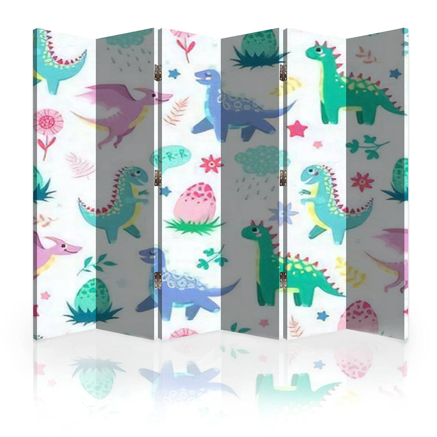 Dinosaurs Canvas Room Divider - 6 Panel Folding Privacy Screen with Cute Dino Print for Kids Bedroom, Nursery & Playroom | White Background Children's Room Separator | Home & Office Partition Wall Decor