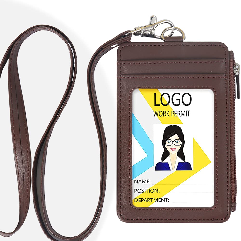 PU Leather ID Badge Holder with Lanyard & Zipper Pocket - 5 Card Slots for Office Work Security