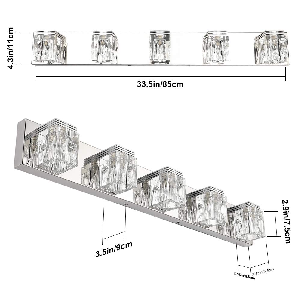 Ralbay 5-Light LED Modern Bathroom Vanity Light Fixture - Crystal Glass & Stainless Steel Design for Mirror Lighting - Perfect for Master Bath, Powder Room, and Spa-Like Vanity Areas