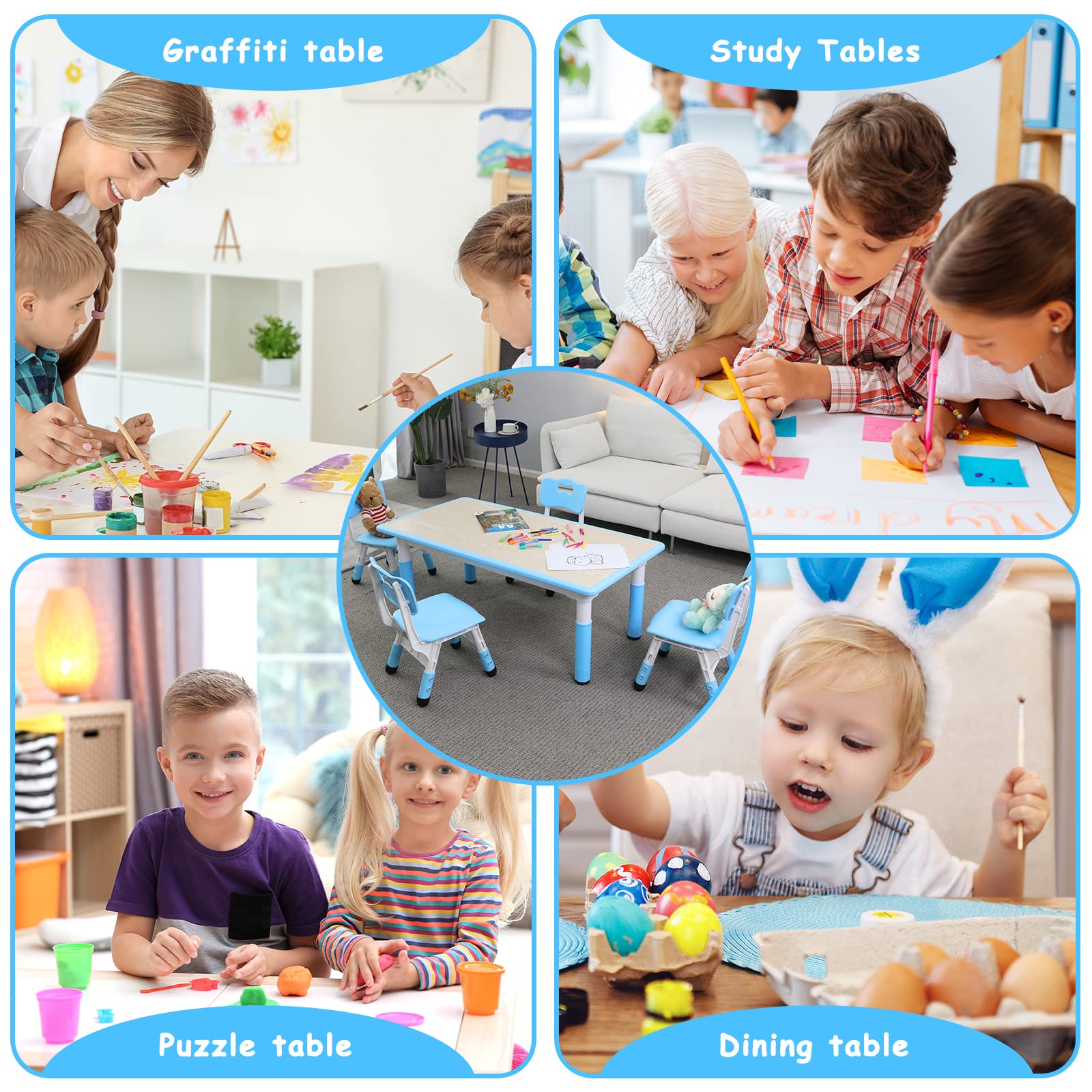 Arlopu Adjustable Height Kids Table and 4 Chairs Set - Non-Slip Toddler Activity Table with Graffiti-Proof Surface - Blue Children's Furniture for Reading, Drawing, Daycare & Home Classroom Use