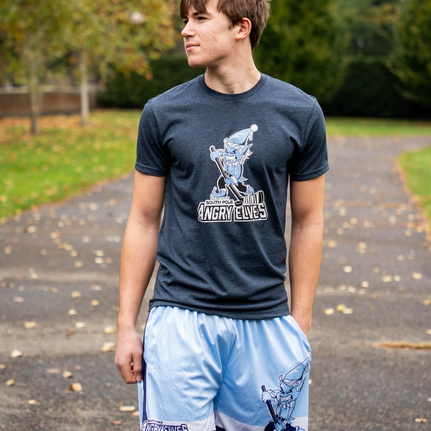 ChalkTalkSPORTS Hockey Performance Shorts for Men & Youth - Breathable Athletic Hockey Shorts for Training & Games | Angry Elves Christmas Hockey Shorts | Perfect for Hockey Practice, Gym Workouts & Casual Wear