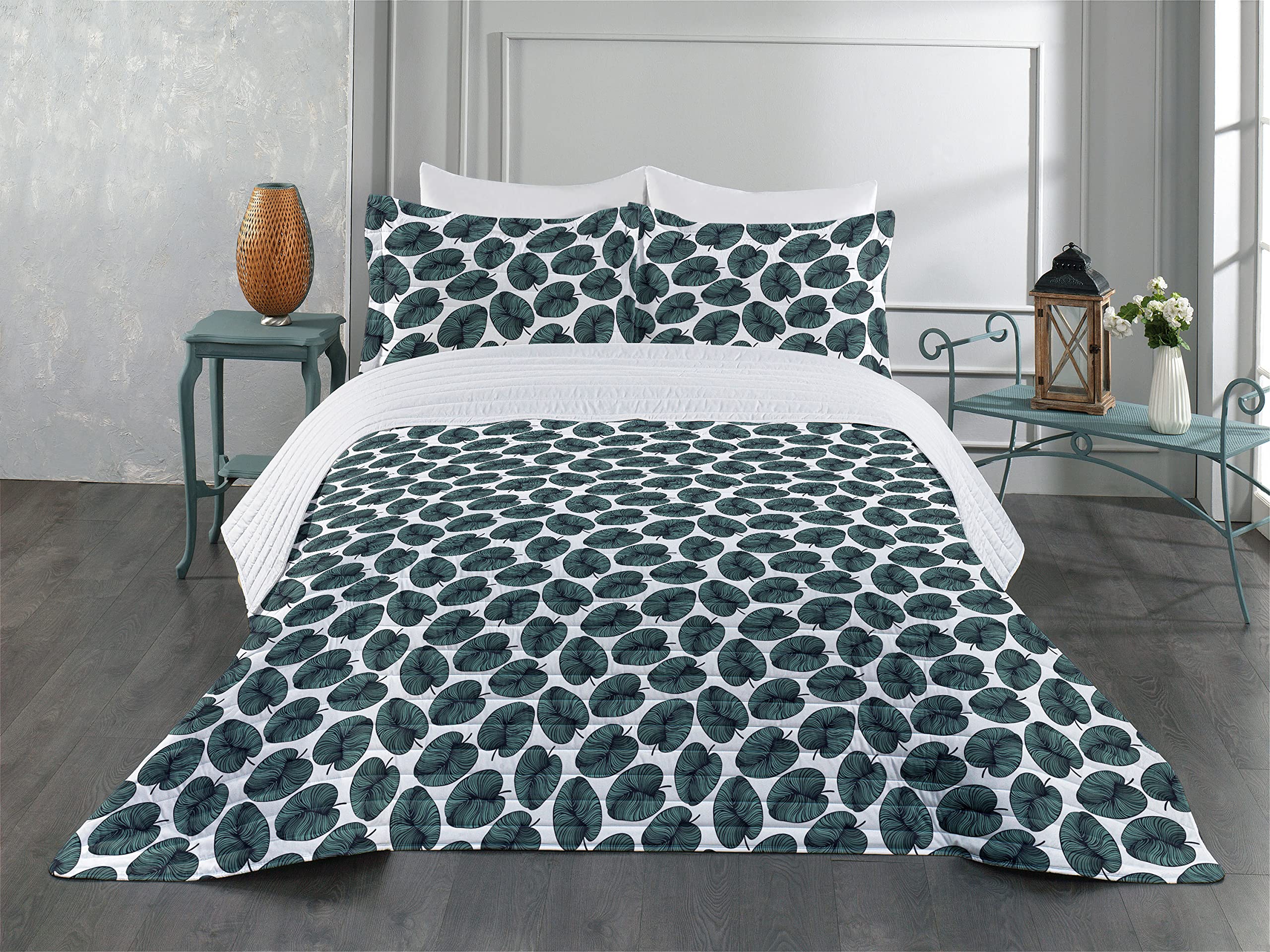 Ambesonne Hawaiian Rainforest Leaves Microfiber Bedspread Set - Queen Size Dark Teal White Black Abstract Foliage Design with Pillow Shams & Comforter | Soft Modern Bedding for Master Bedroom, Guest Room or Dorm Decor