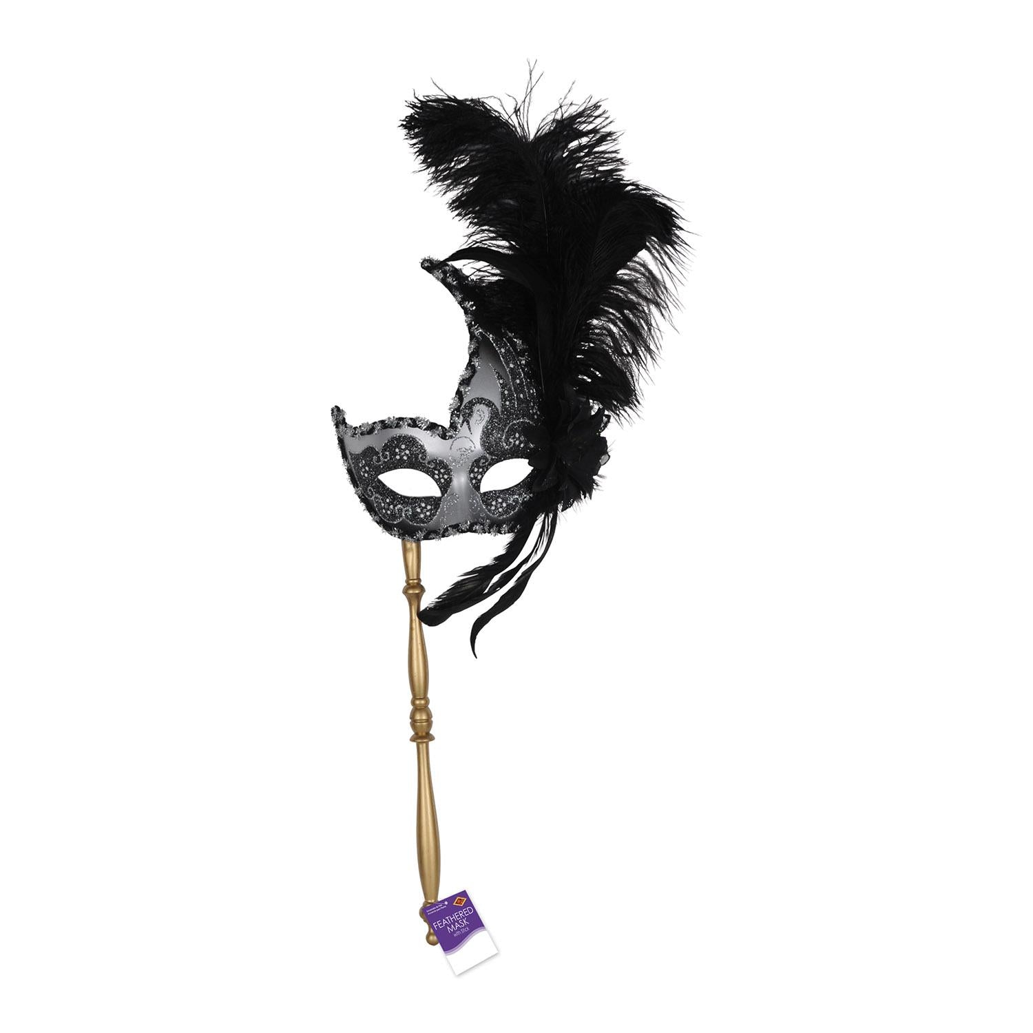 12 Pack Beistle Feathered Mardi Gras Masks with Sticks - Colorful Carnival Costume Accessories for Party, Halloween, and Festive Celebrations