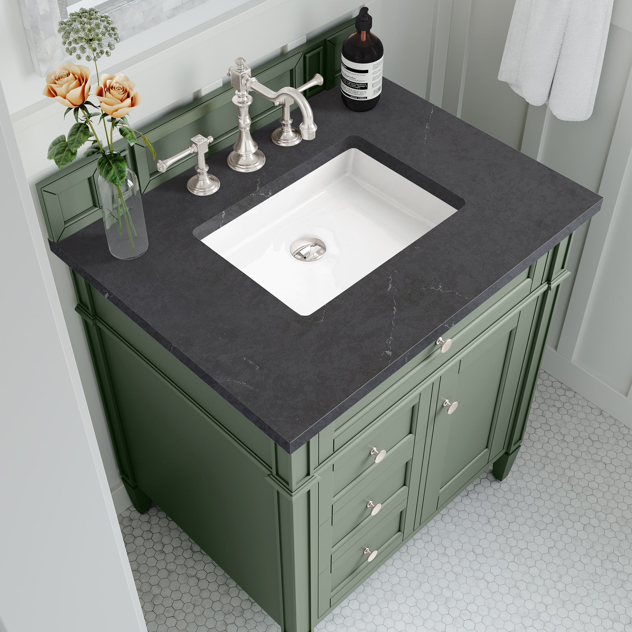 Brittany 30-Inch Single Bathroom Vanity in Smokey Celadon with 3CM Charcoal Soapstone Top - Perfect for Modern Master Bathrooms & Powder Rooms