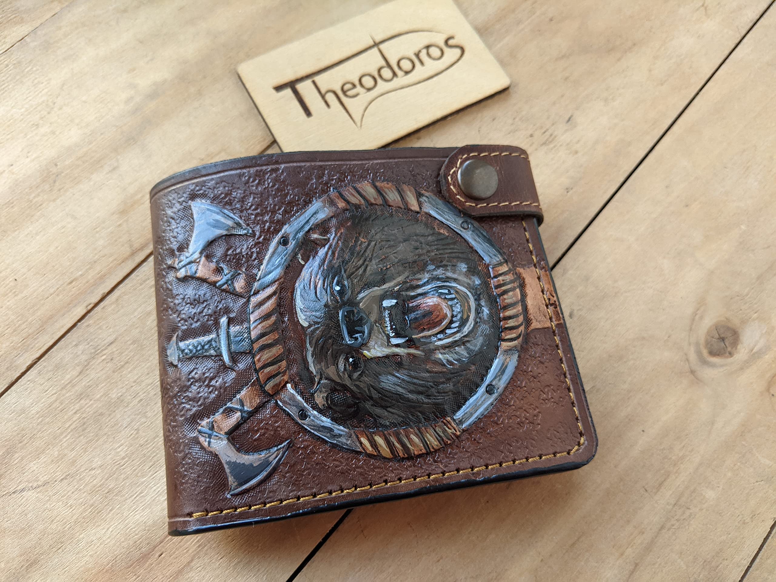 **Handmade 3D Genuine Leather Bifold Wallet for Men - Axe, Sword & Bear Hunting Themed Carved Design - Custom Personalized Airbrush Art Wallet for Outdoor Enthusiasts & Gift Ideas**    *(Perfect for Hunters, Camping, Outdoor Adventures & Unique Gifts for Men)*