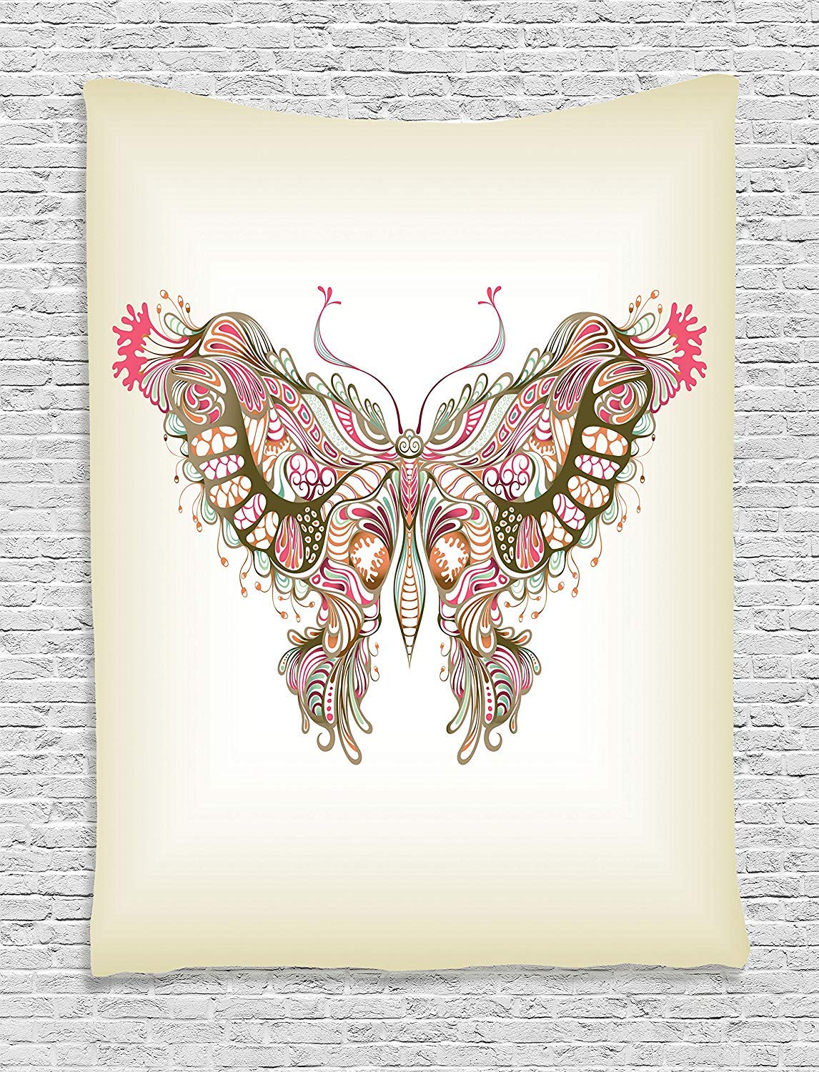 Ambesonne Butterfly Tapestry Wall Art - Vintage Floral Butterfly Design Home Decor for Bedroom, Living Room, Dorm - 60x80 Inches Cream Green Bohemian Tapestry - Perfect for Boho Chic Decor, Meditation Spaces & Teen Room Aesthetics