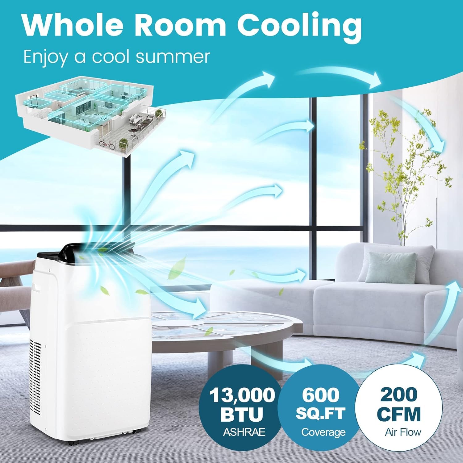 GOFLAME 13000 BTU Portable Air Conditioner & Heater - 4-in-1 Standing AC Unit with Dehumidifier, Fan & Remote Control - Window Kit Included - Cools & Heats Rooms up to 600 Sq.Ft - Perfect for Bedrooms, Living Rooms & Home Offices