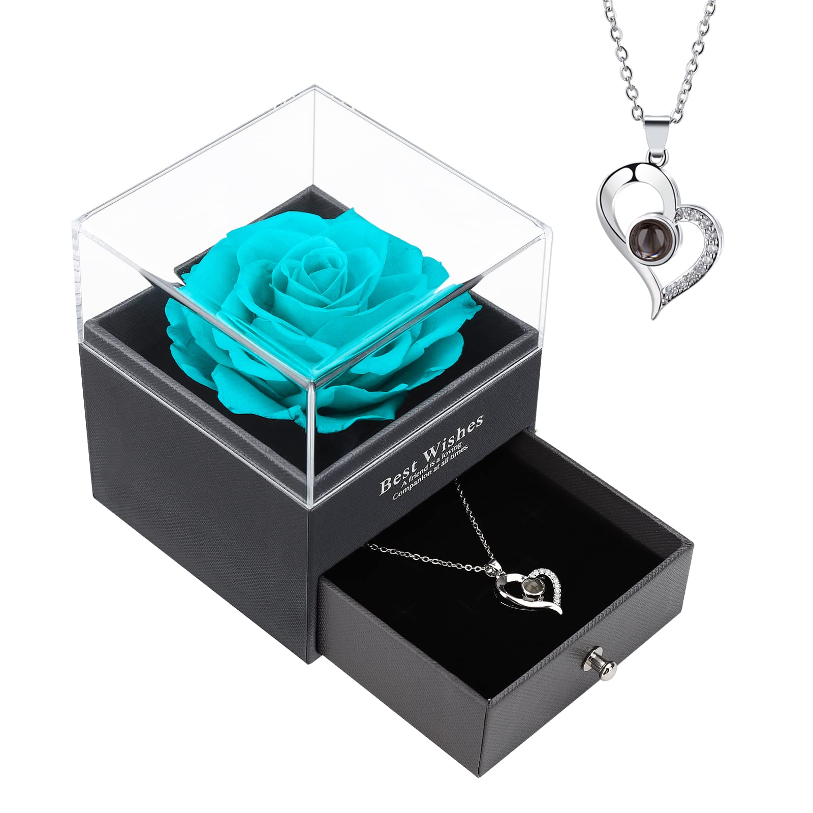 LOVCAS Preserved Rose Necklace - Mother's Day Gift for Women, Valentine's Day Present for Her, Birthday Gift for Girlfriend, Daughter & Son Present - 100 Languages Engraved Rose Jewelry - Perfect for Anniversaries, Romantic Dates & Special Occasions