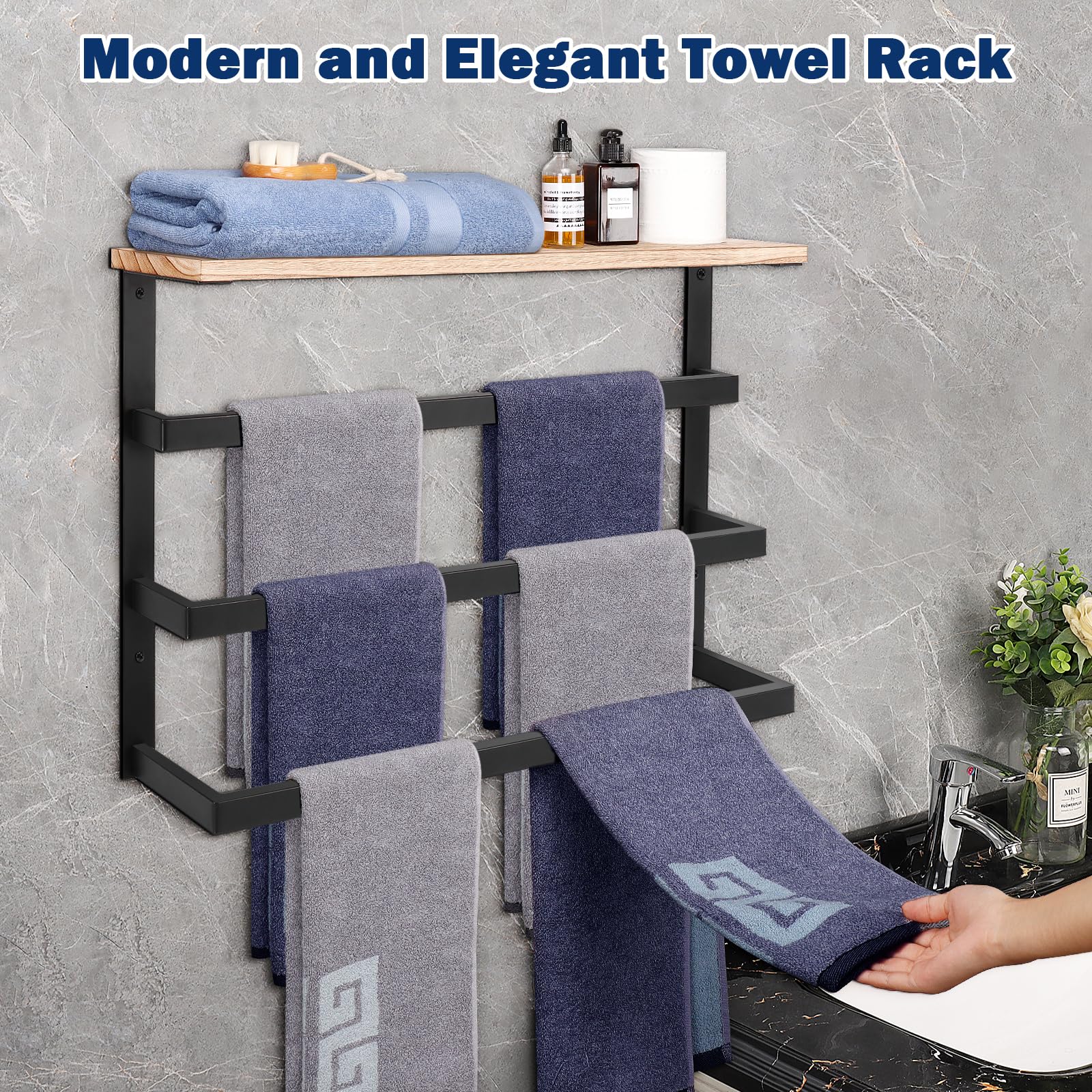 NearMoon 24 Inch Matte Black Hanging Towel Rack - 3-Tier Thick Metal Wall Mounted Towel Holder with Wood Shelf - Bathroom Storage Organizer for Towels, Robes & Bath Accessories - Perfect for Small Spaces & Spa-Style Decor
