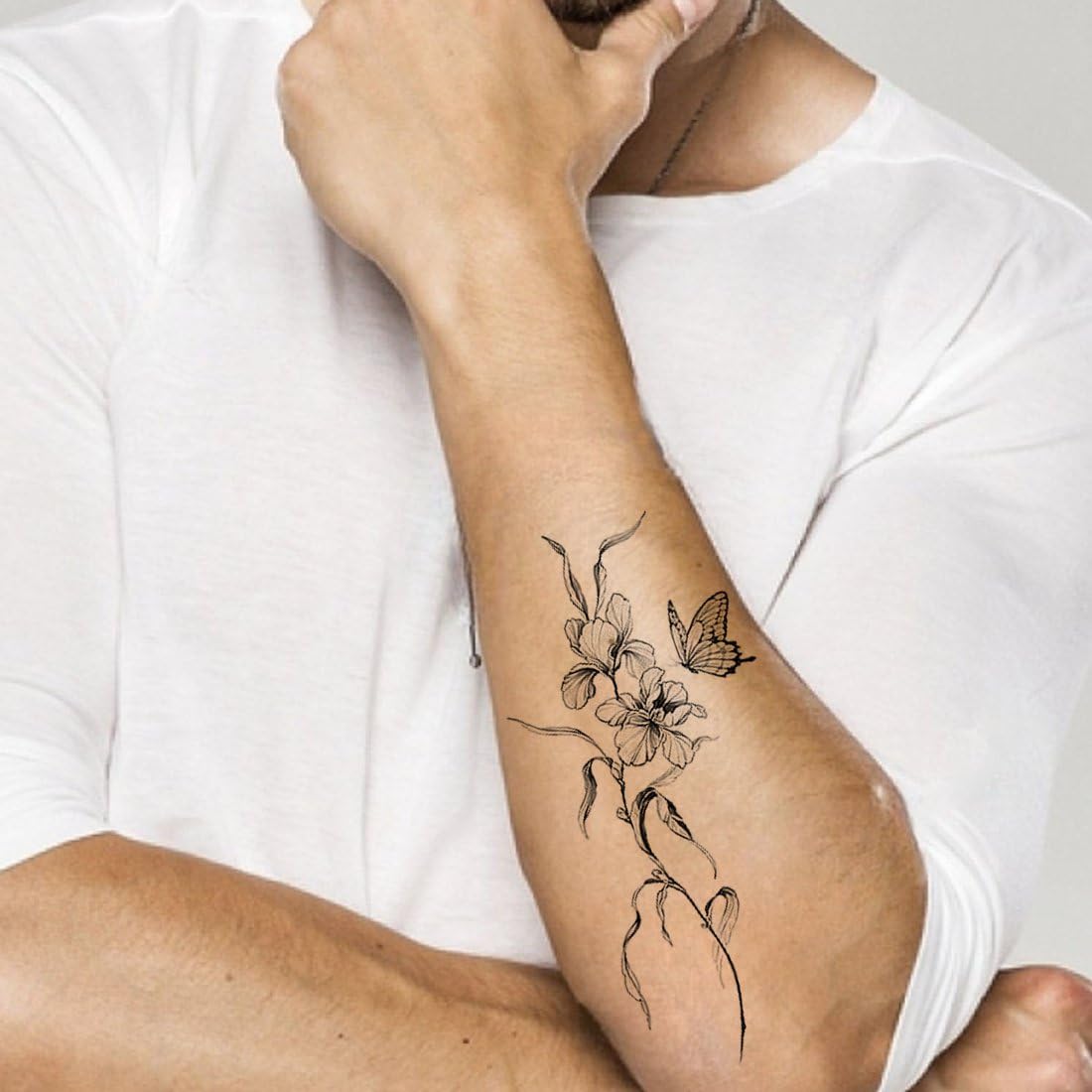 Black Lily with Butterfly Temporary Tattoo - Waterproof Fake Body Art for Men, Women, Kids - Perfect for Parties, Halloween & Summer Beach Looks