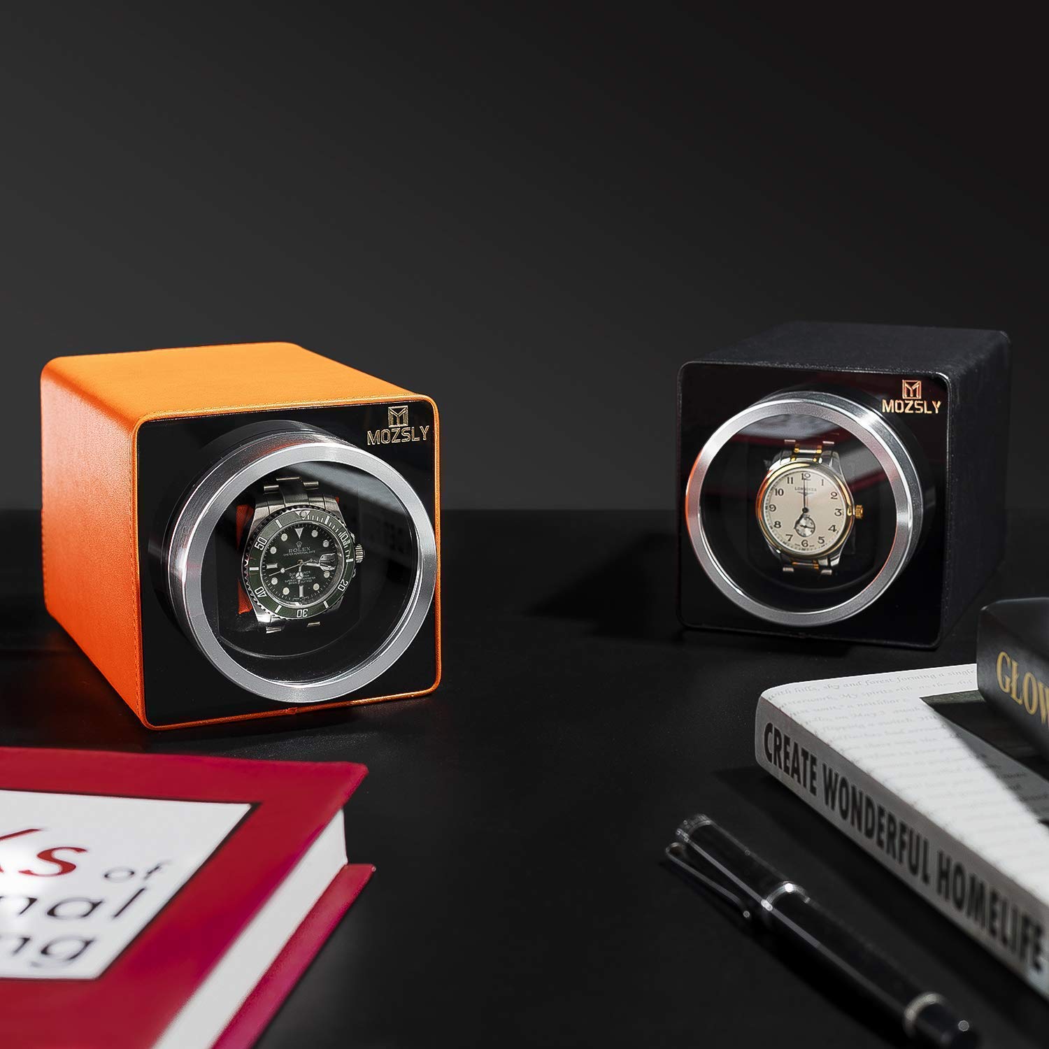 Premium MOZSLY Leather Watch Winder - 12 Rotation Modes for Automatic Watches (Orange & Black) | Perfect for Watch Collectors & Luxury Timepiece Storage at Home/Office