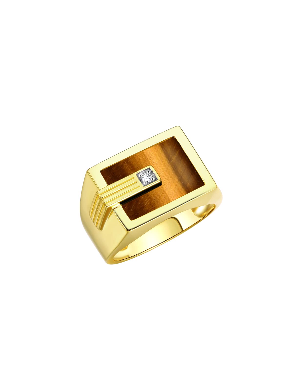 14K Yellow Gold Men's Ring with Diamond & Tiger Eye - Designer Wedding Band for Men - Sizes 8-13 - Perfect for Gifts, Anniversaries & Special Occasions