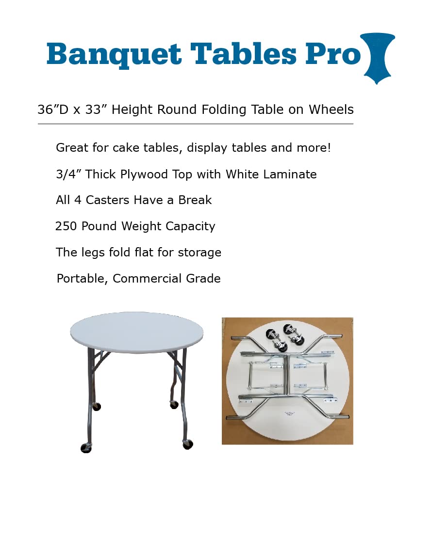 36 Inch Round Folding Table with Wheels - Portable & Sturdy Event Table for Weddings, Parties, Banquets - Perfect for Indoor/Outdoor Catering & Venue Setup