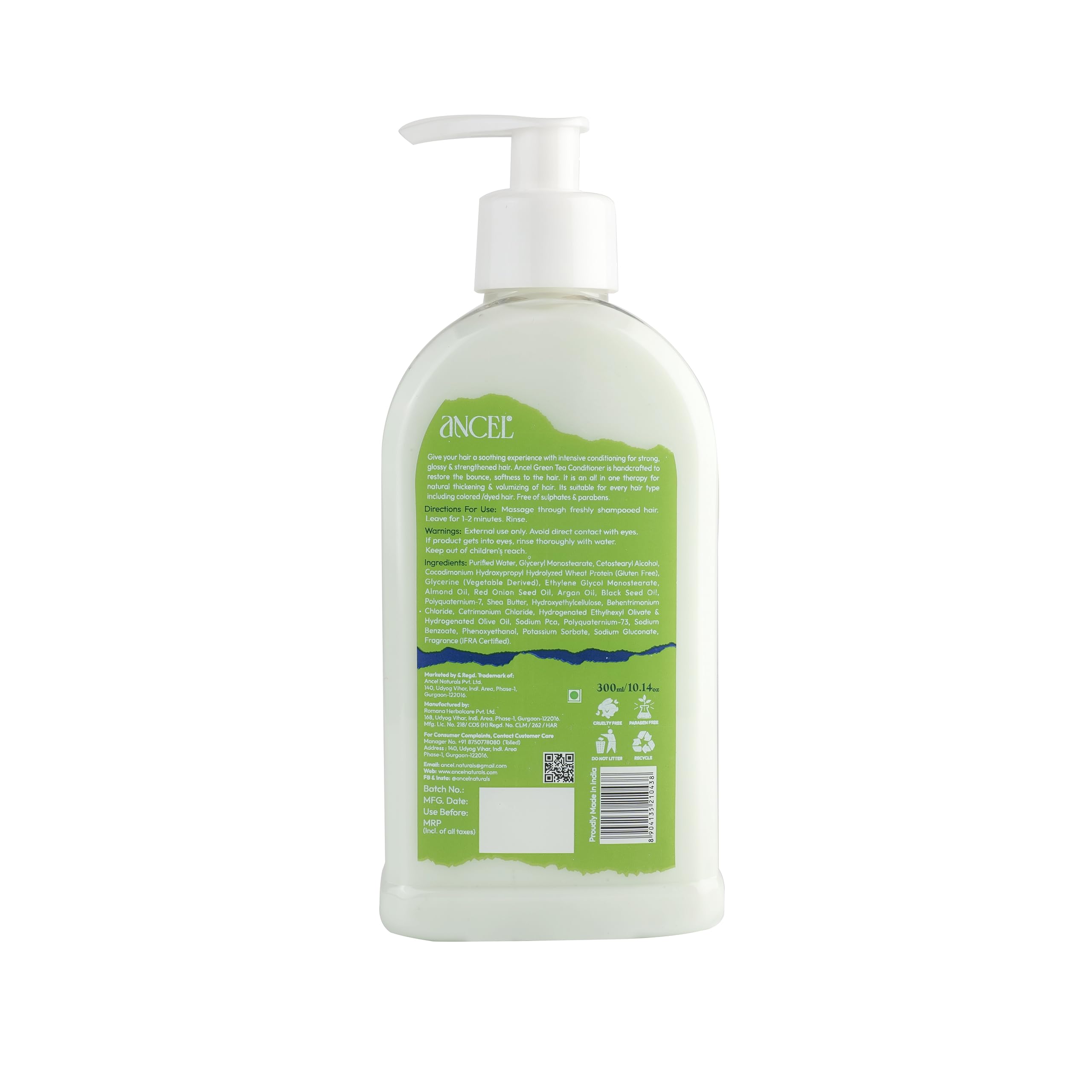 Ancel Green Tea Conditioner with Natural Extracts 300ml - Tea Tree Oil, Rosebay, Almond Oil & Shea Butter for Deep Cleansing & Dandruff Control - Hydrating Hair Care for Men & Women - Perfect for Daily Use & Scalp Refreshment