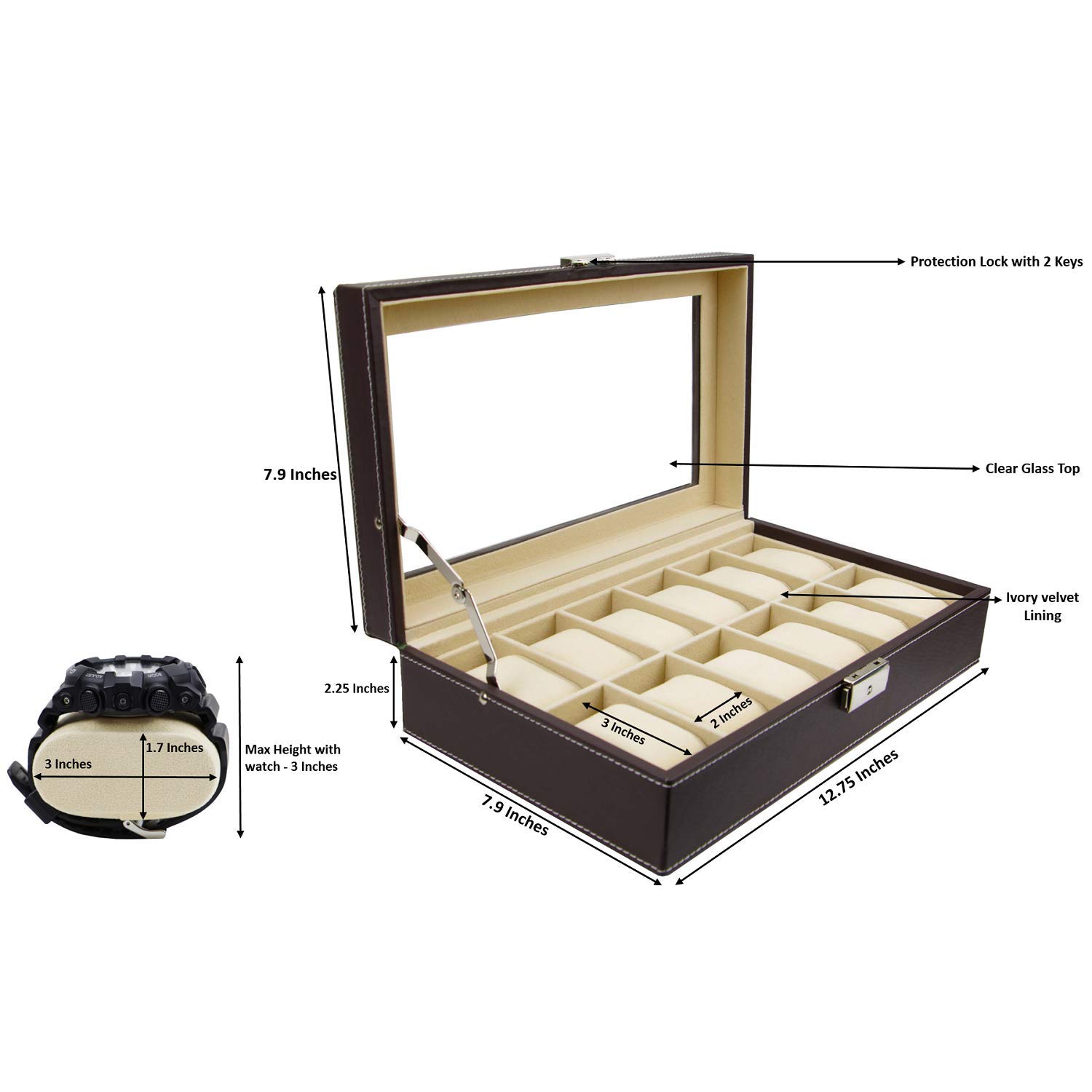 Premium 12-Slot Watch Box with Cufflink & Ring Storage - Luxury Jewelry Organizer for Men - Perfect for Travel, Gifts & Home Display